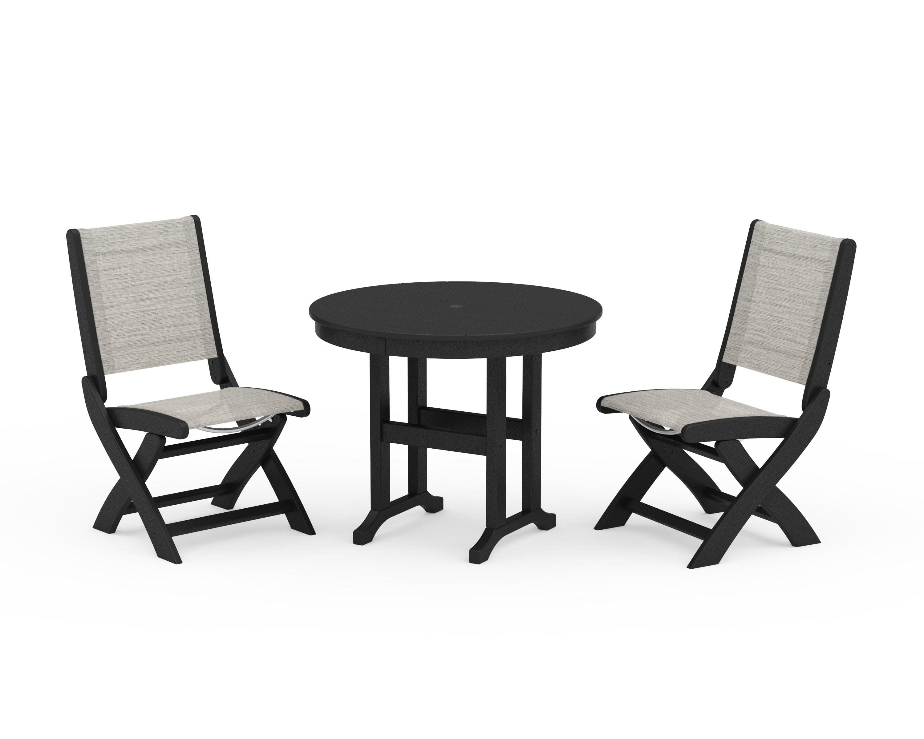 Coastal Folding Side Chair 3-Piece Round Dining Set in Black / Birch Sling