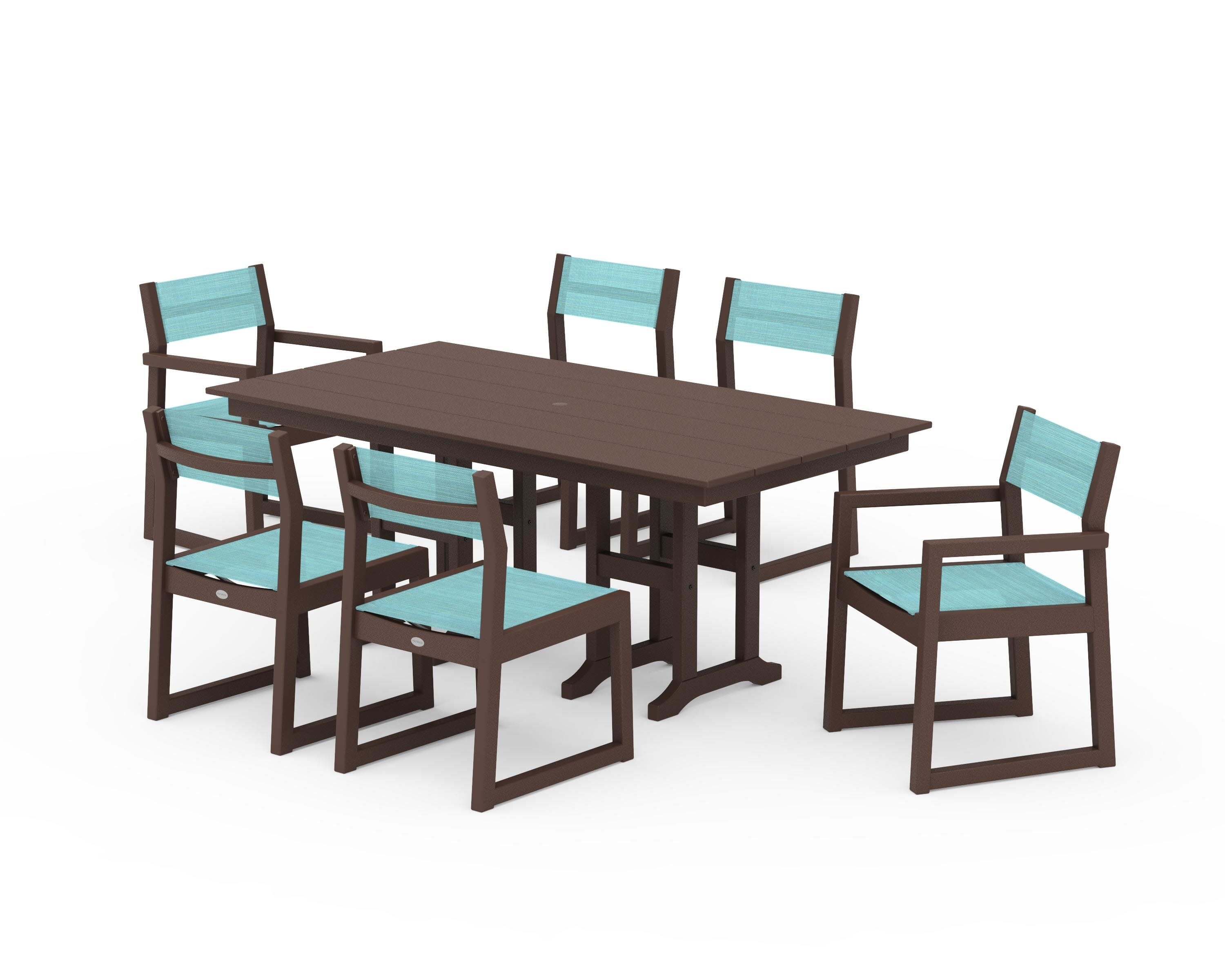 EDGE Sling 7-Piece Farmhouse Dining Set in Mahogany / Dupioni Aquamarine Sling
