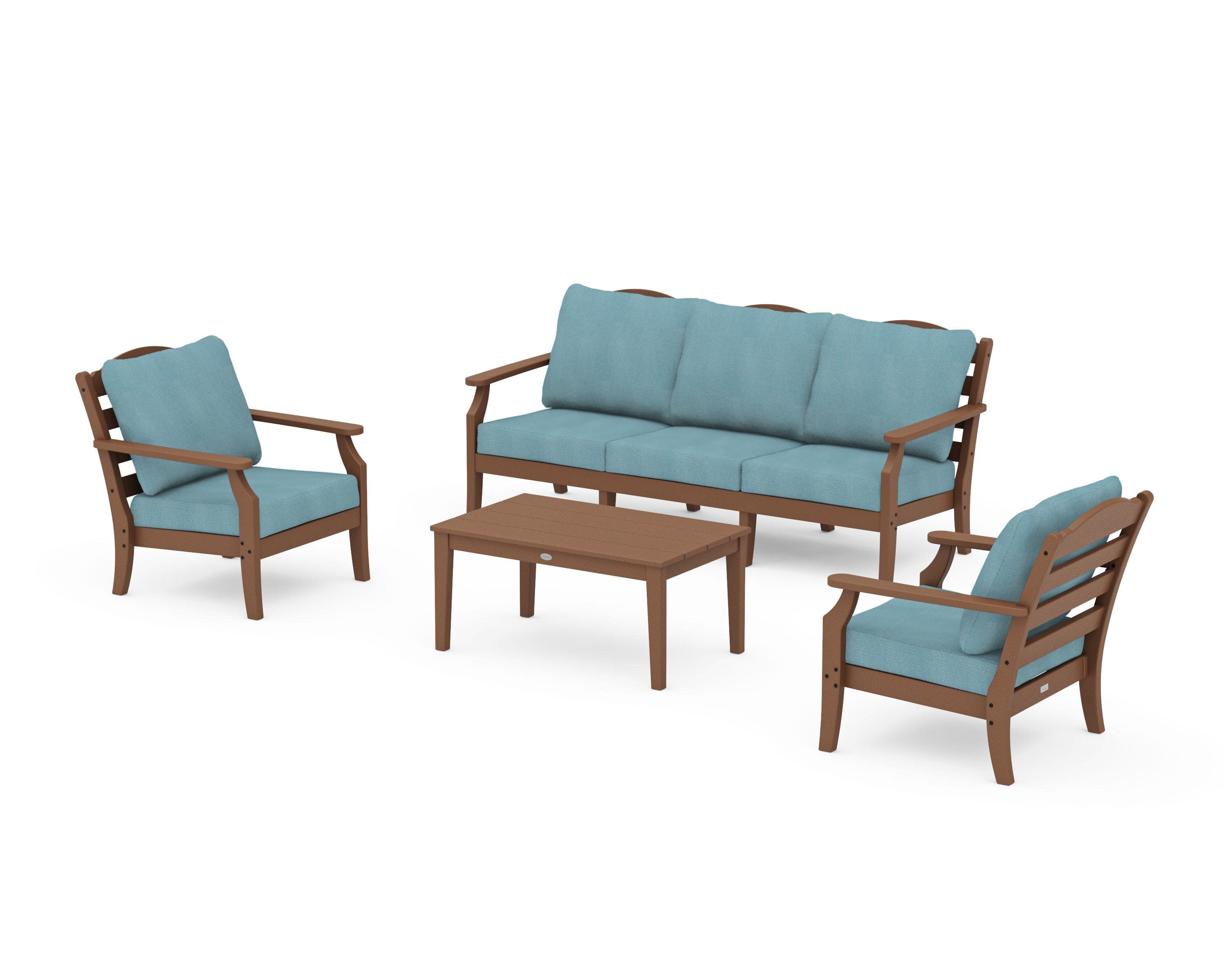 Savannah 4-Piece Deep Seating Set with Sofa in Teak / Lattice Sky Blue