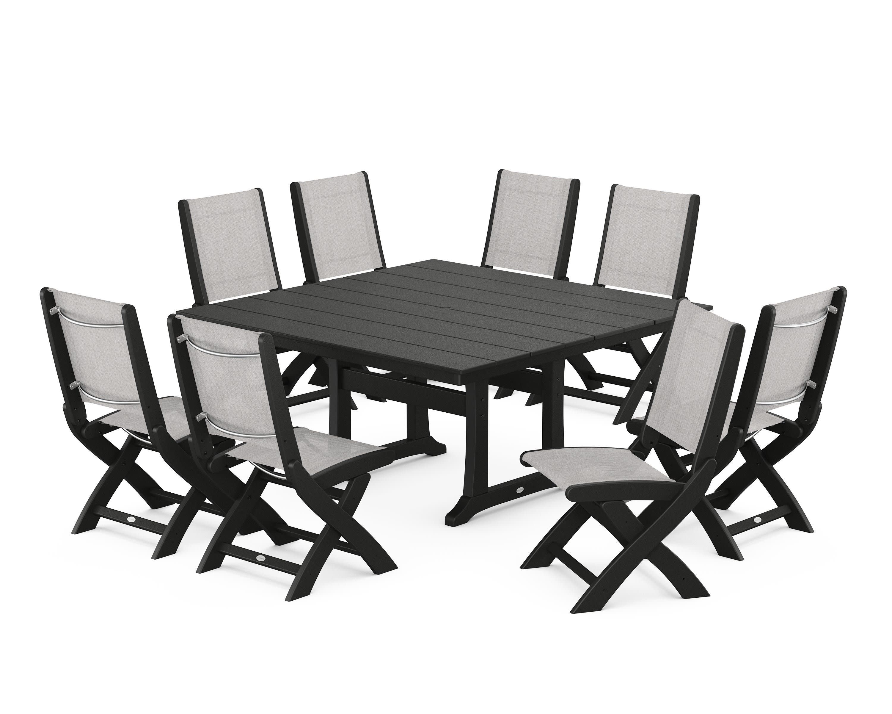 Coastal Folding Side Chair 9-Piece Farmhouse Dining Set in Black / Parchment Sling