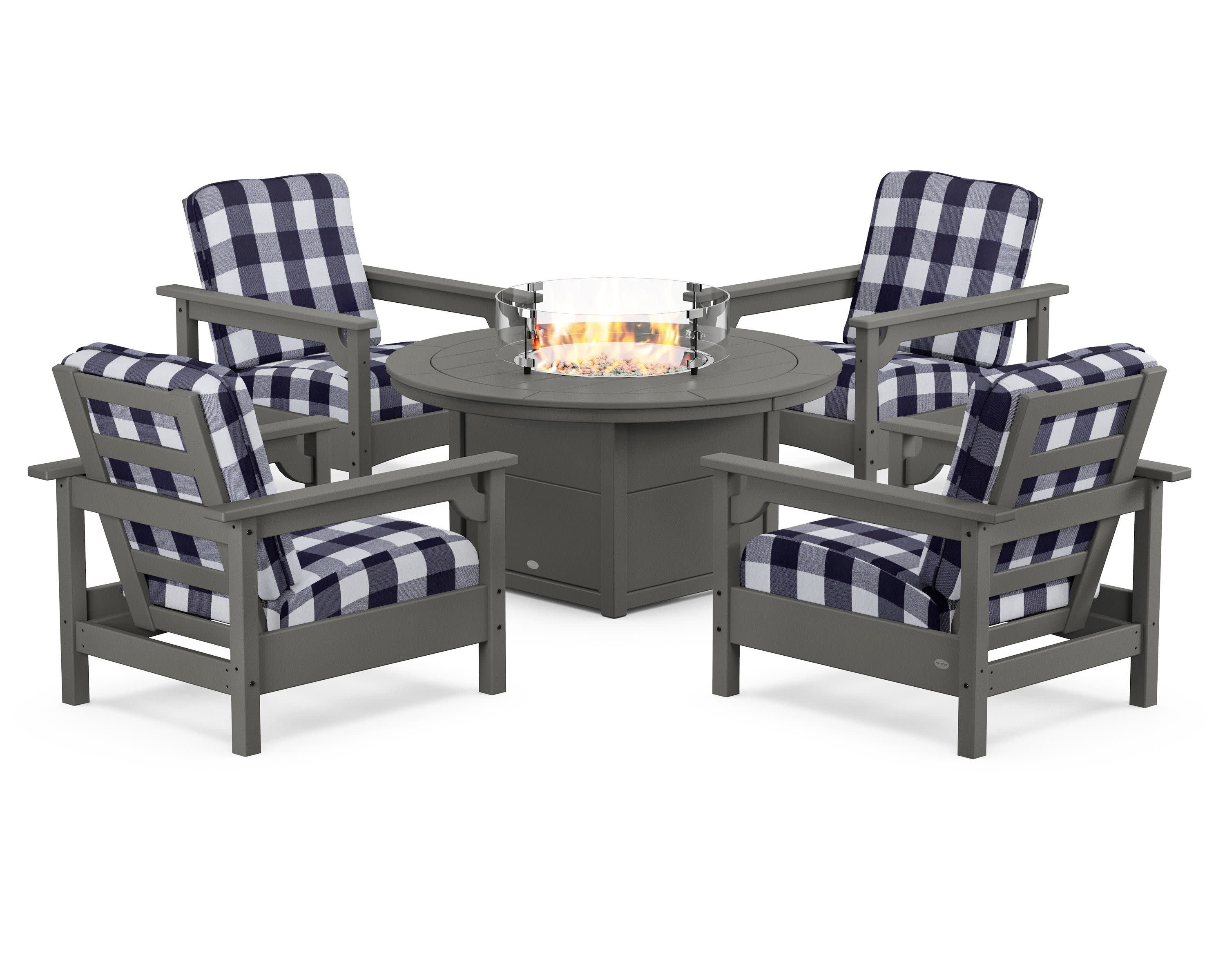 Club 5-Piece Conversation Set with Fire Pit Table in Slate Grey / Buffalo Plaid Navy