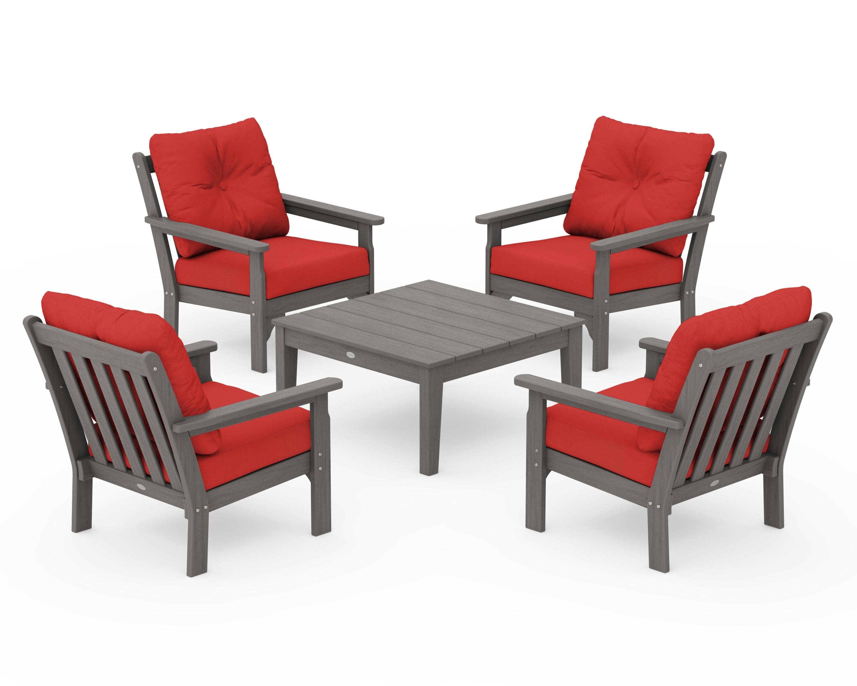 Vineyard 5-Piece Deep Seating Conversation Set in Driftwood / Crimson Linen