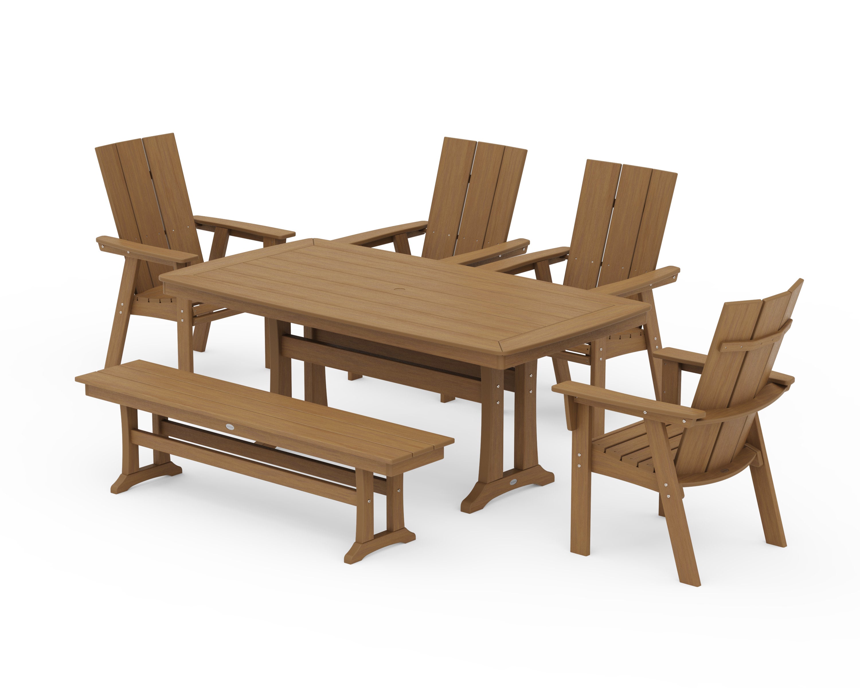 Modern Curveback Adirondack 6-Piece Farmhouse Dining Set with Trestle Legs and Bench in Natural