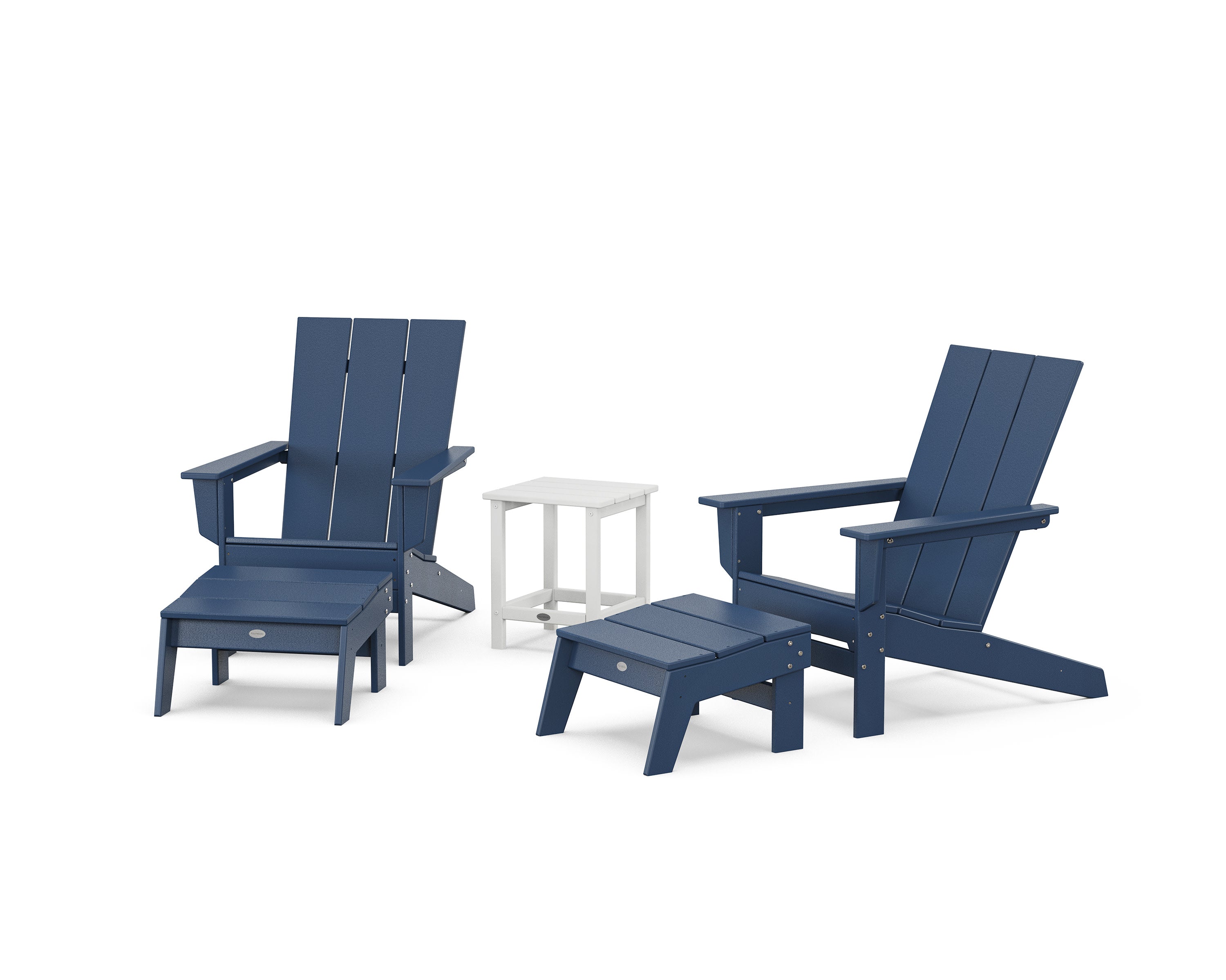 5-Piece Modern Studio Adirondack Set with Ottomans and Side Table in Navy / White