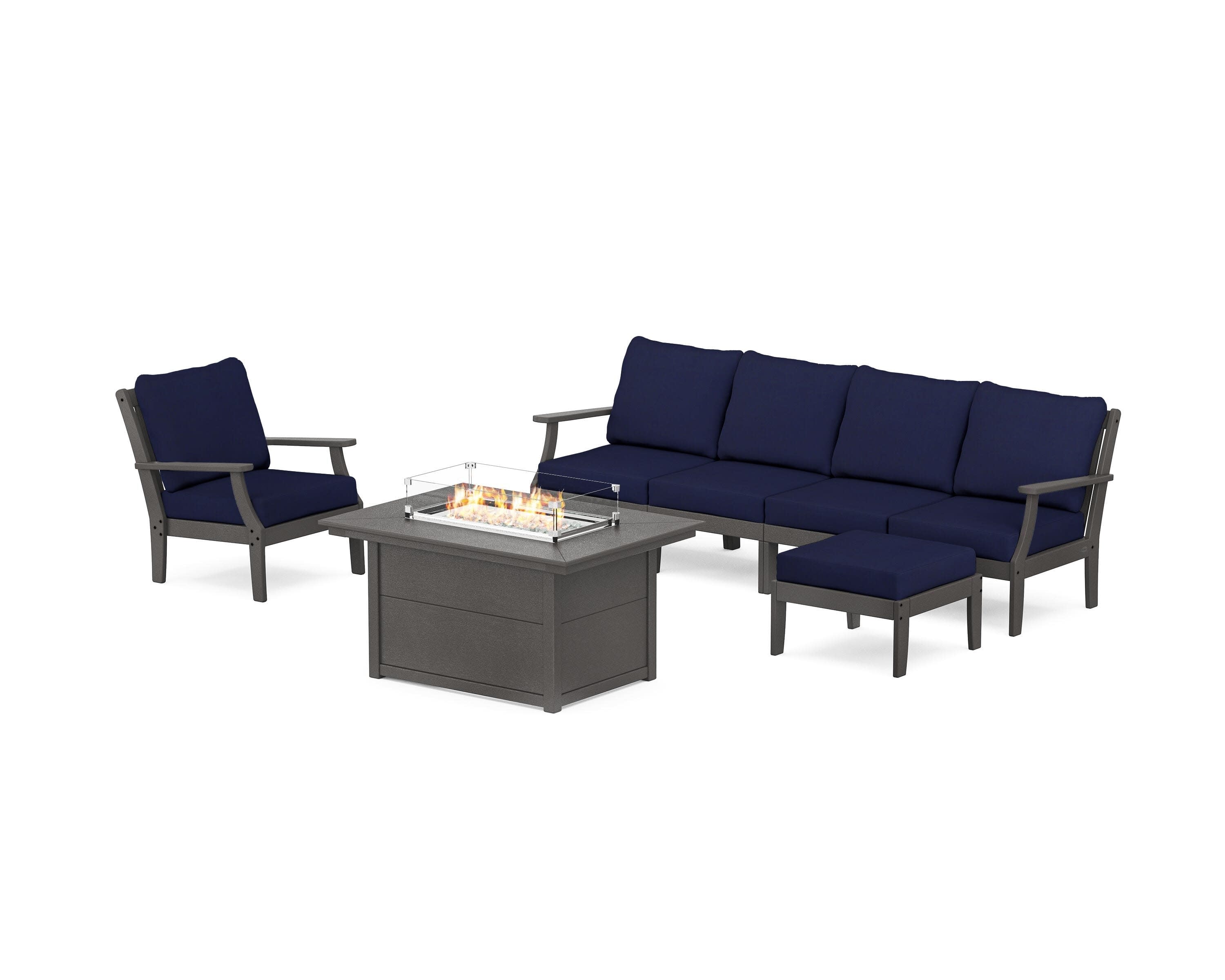 Braxton Sectional Lounge and Fire Pit Set in Vintage Coffee / Navy