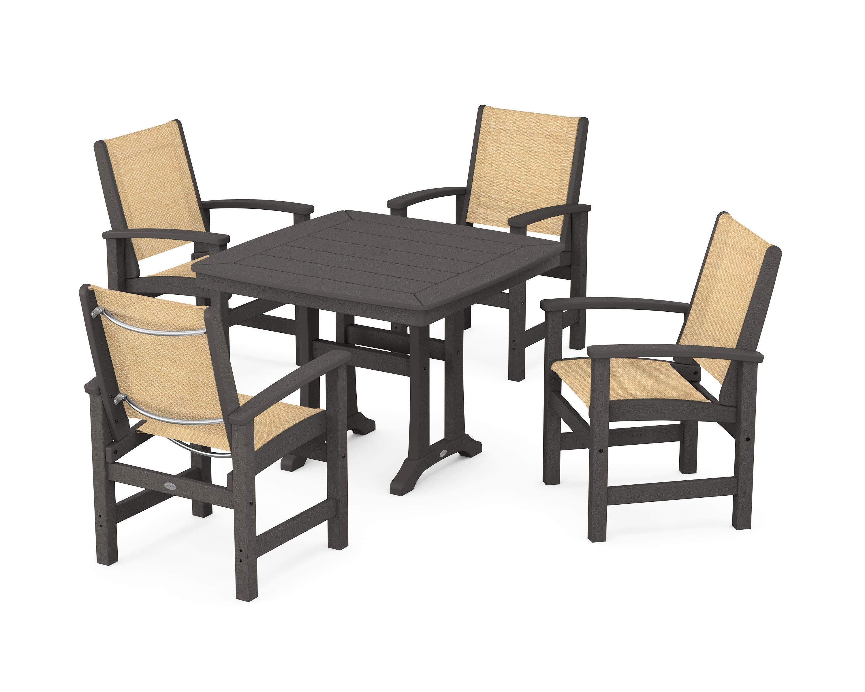 Coastal 5-Piece Dining Set with Trestle Legs in Vintage Coffee / Dupioni Apricot Sling
