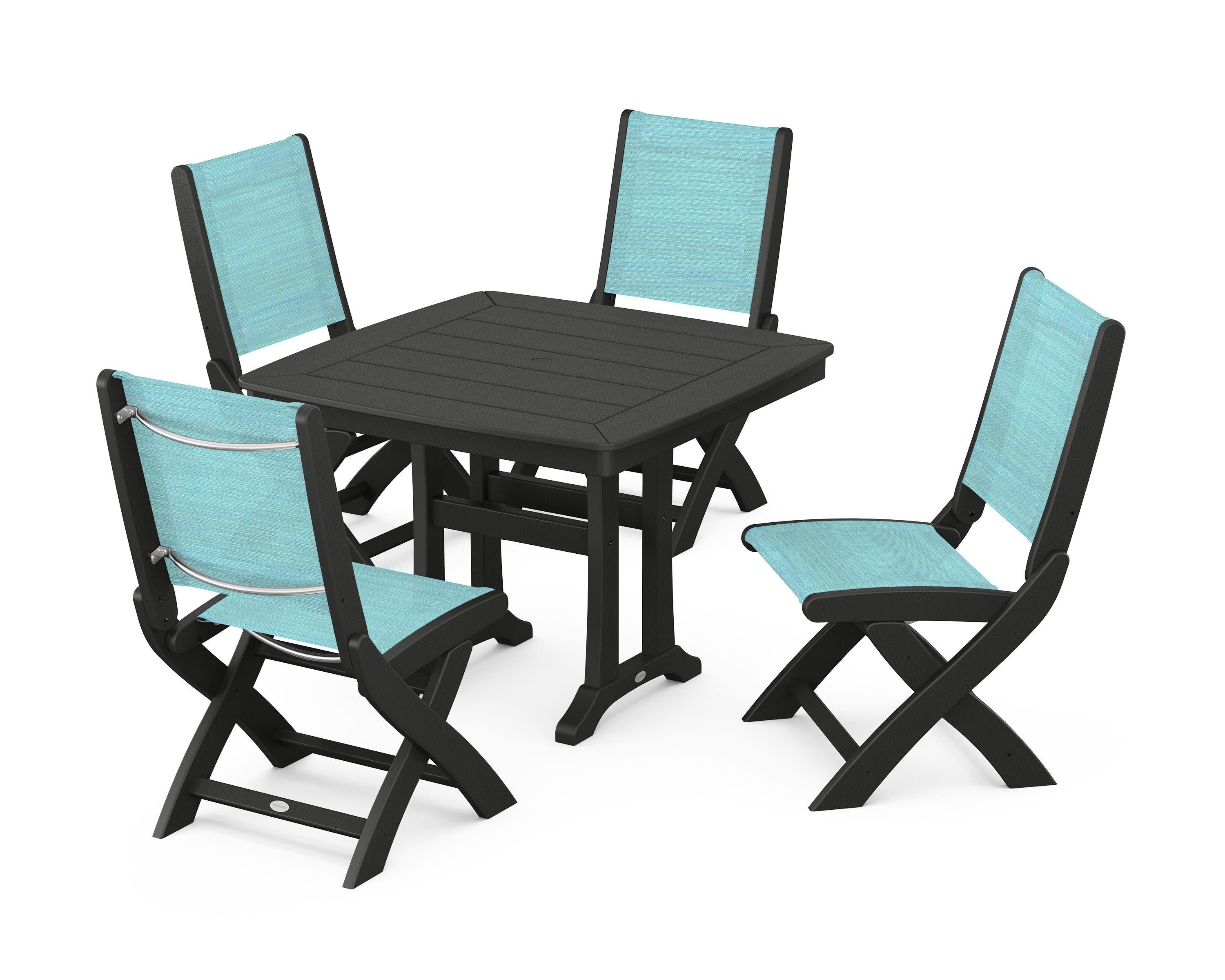 Coastal Folding Side Chair 5-Piece Dining Set with Trestle Legs in Black / Dupioni Aquamarine Sling