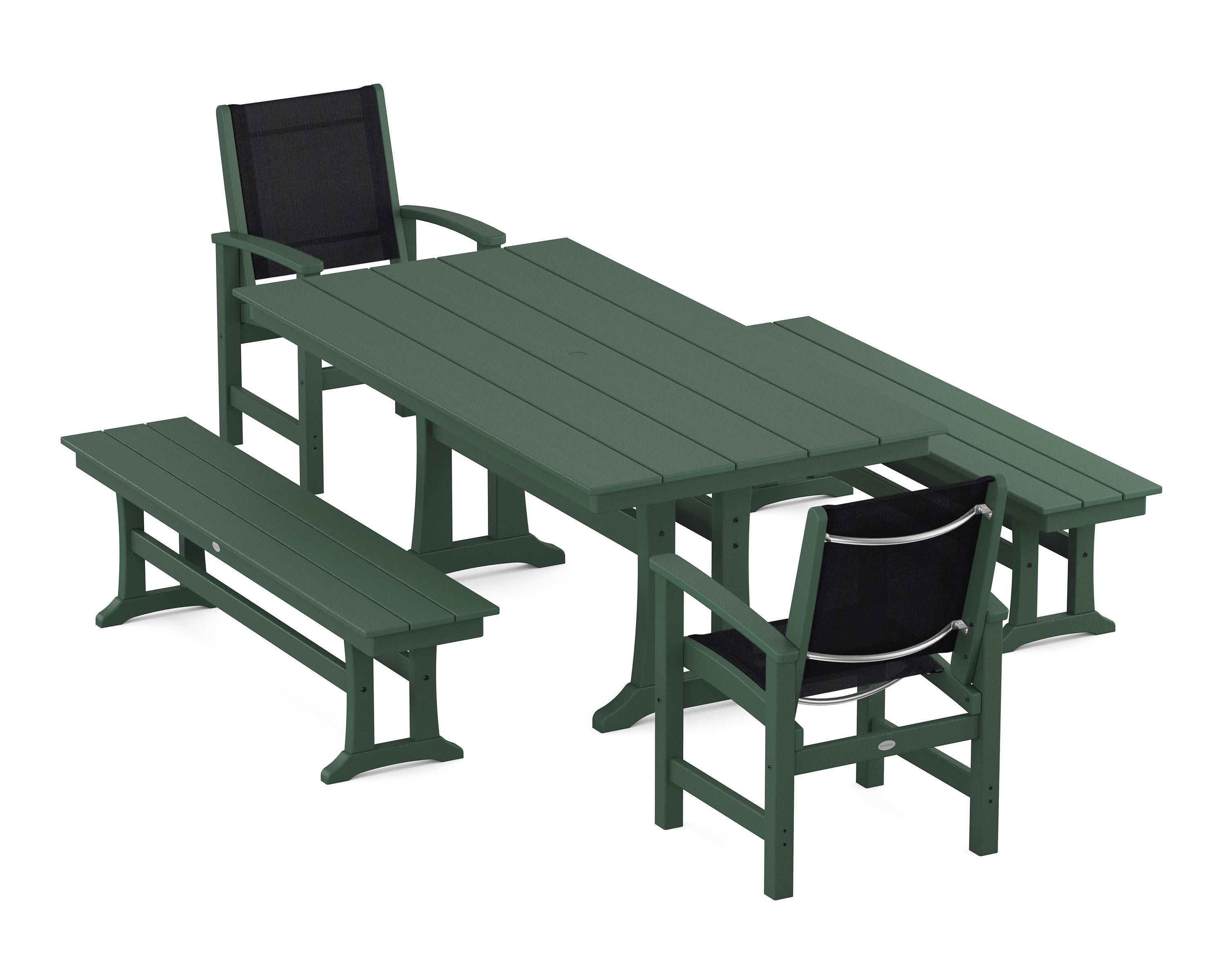 Coastal 5-Piece Farmhouse Dining Set with Trestle Legs and Benches in Green / Black Sling