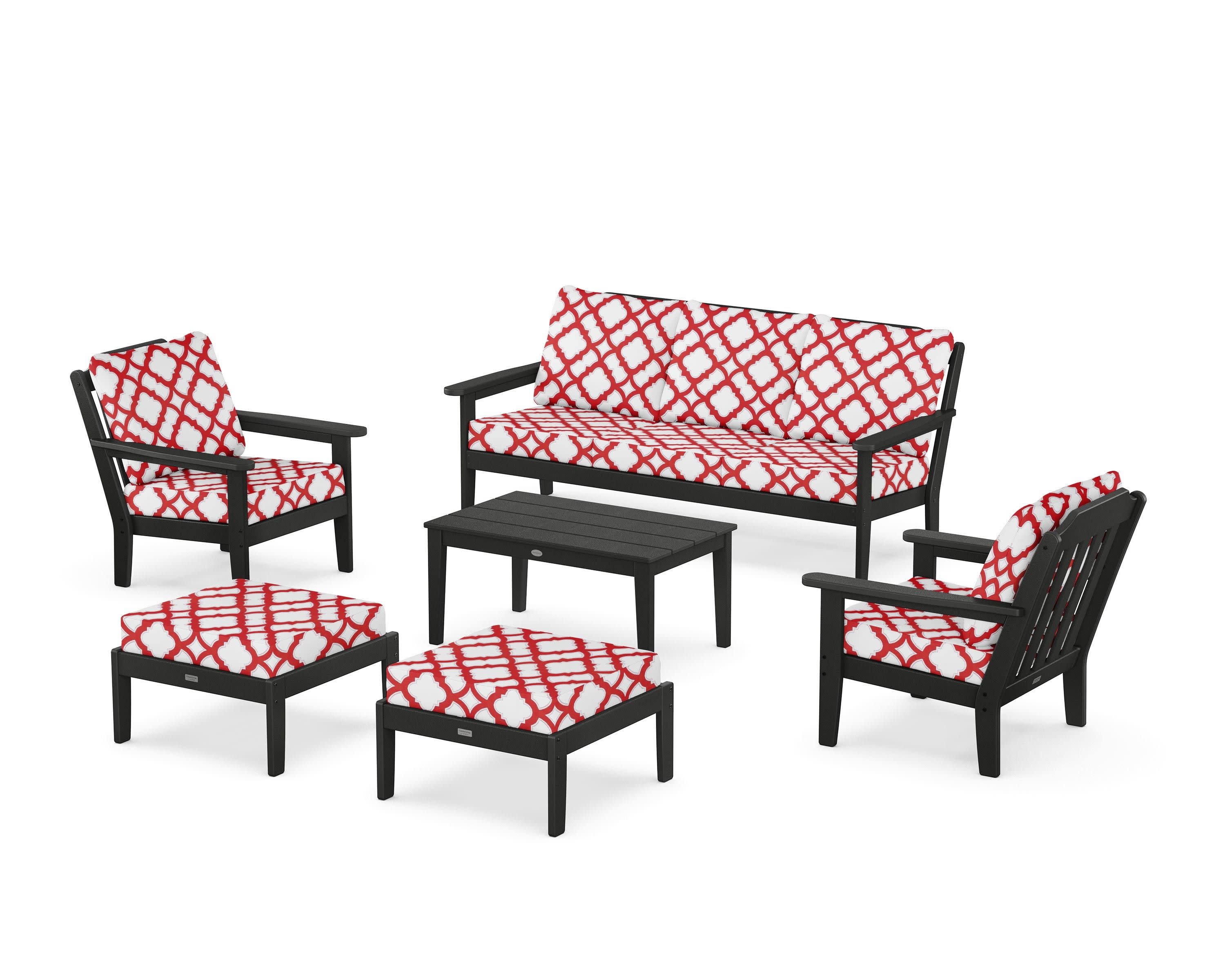Cottage 6-Piece Lounge Sofa Set in Black / Trellis Crimson