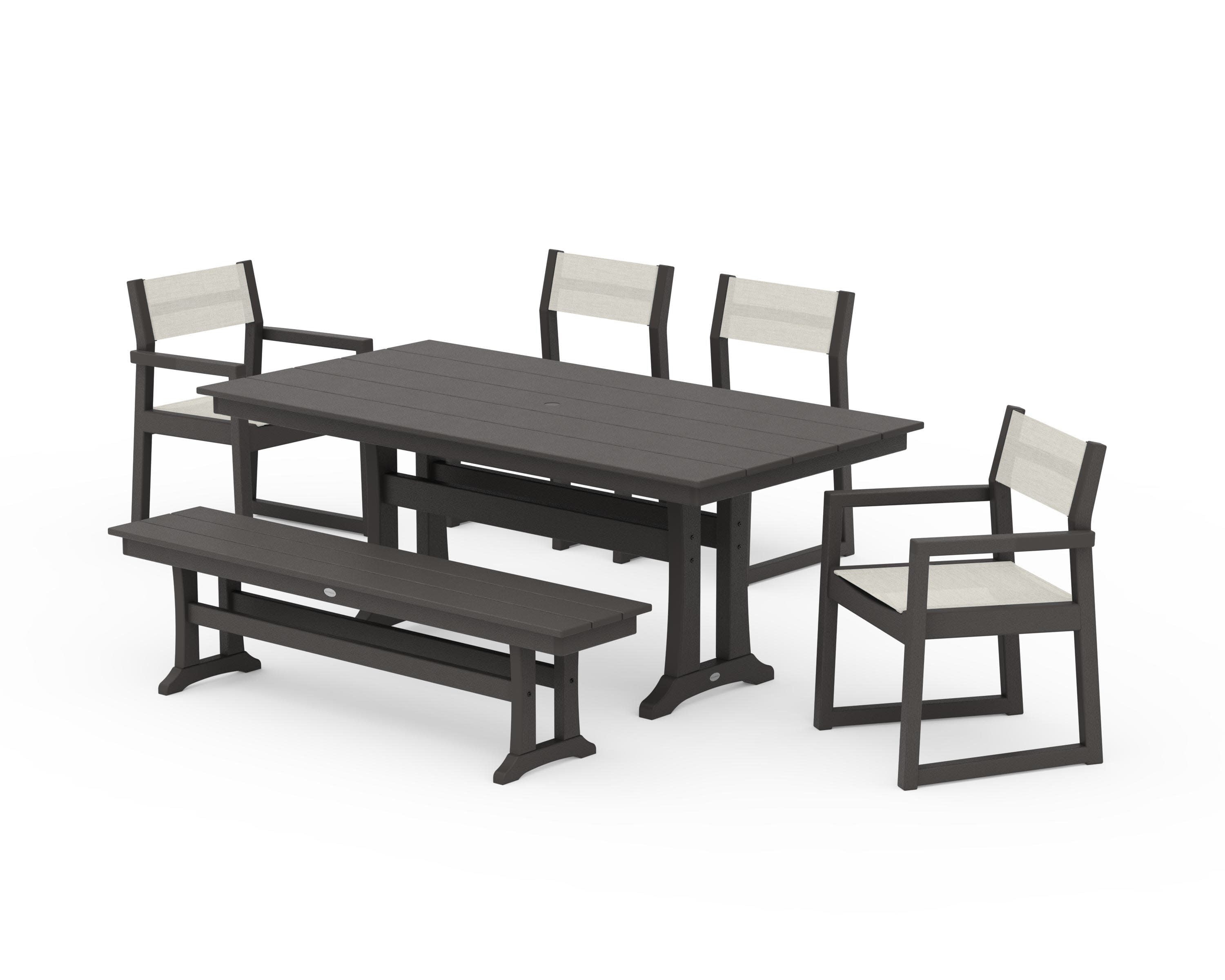 EDGE Sling 6-Piece Farmhouse Dining Set With Trestle Legs in Vintage Coffee / Parchment Sling