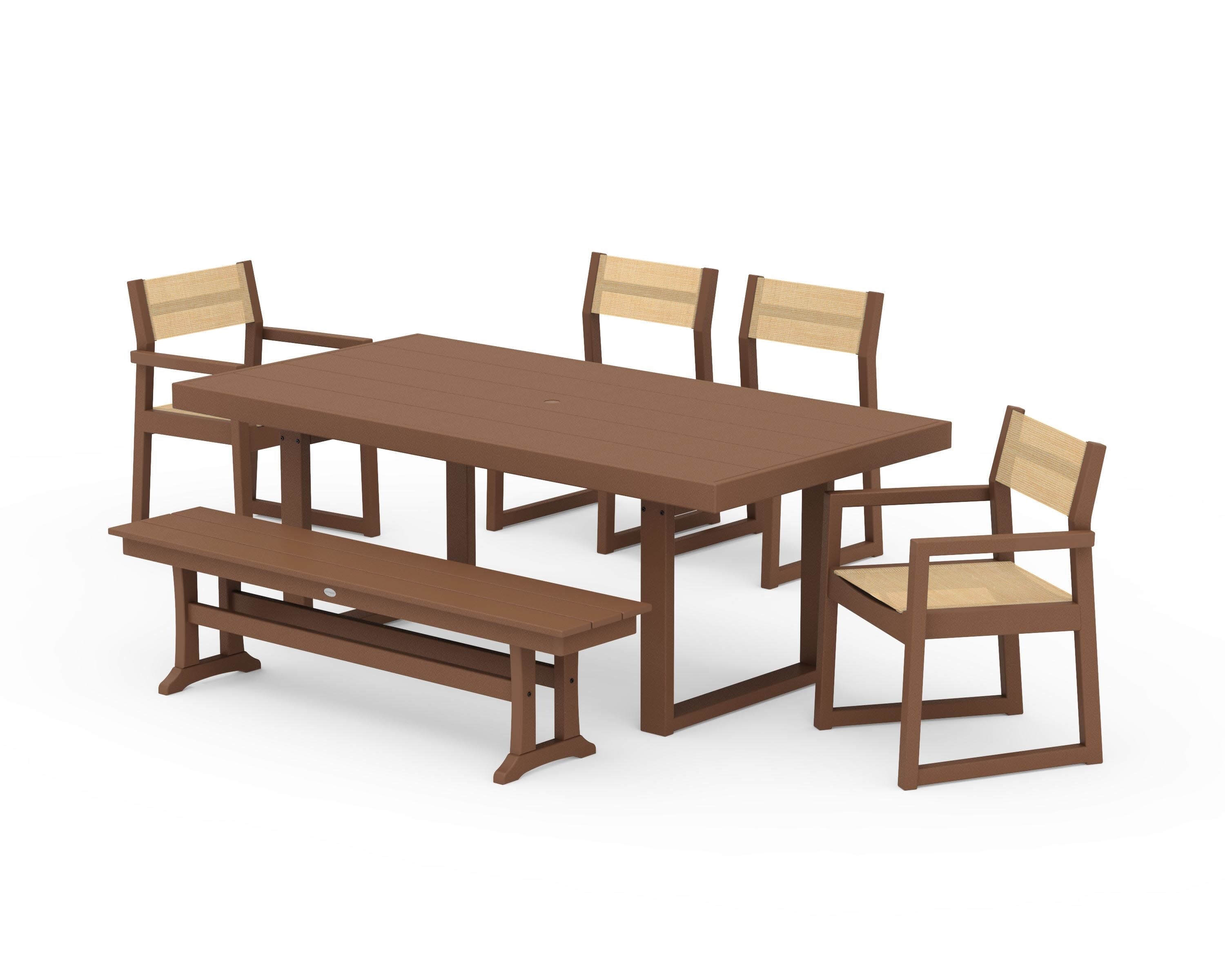 EDGE Sling 6-Piece Dining Set with Bench in Teak / Dupioni Apricot Sling