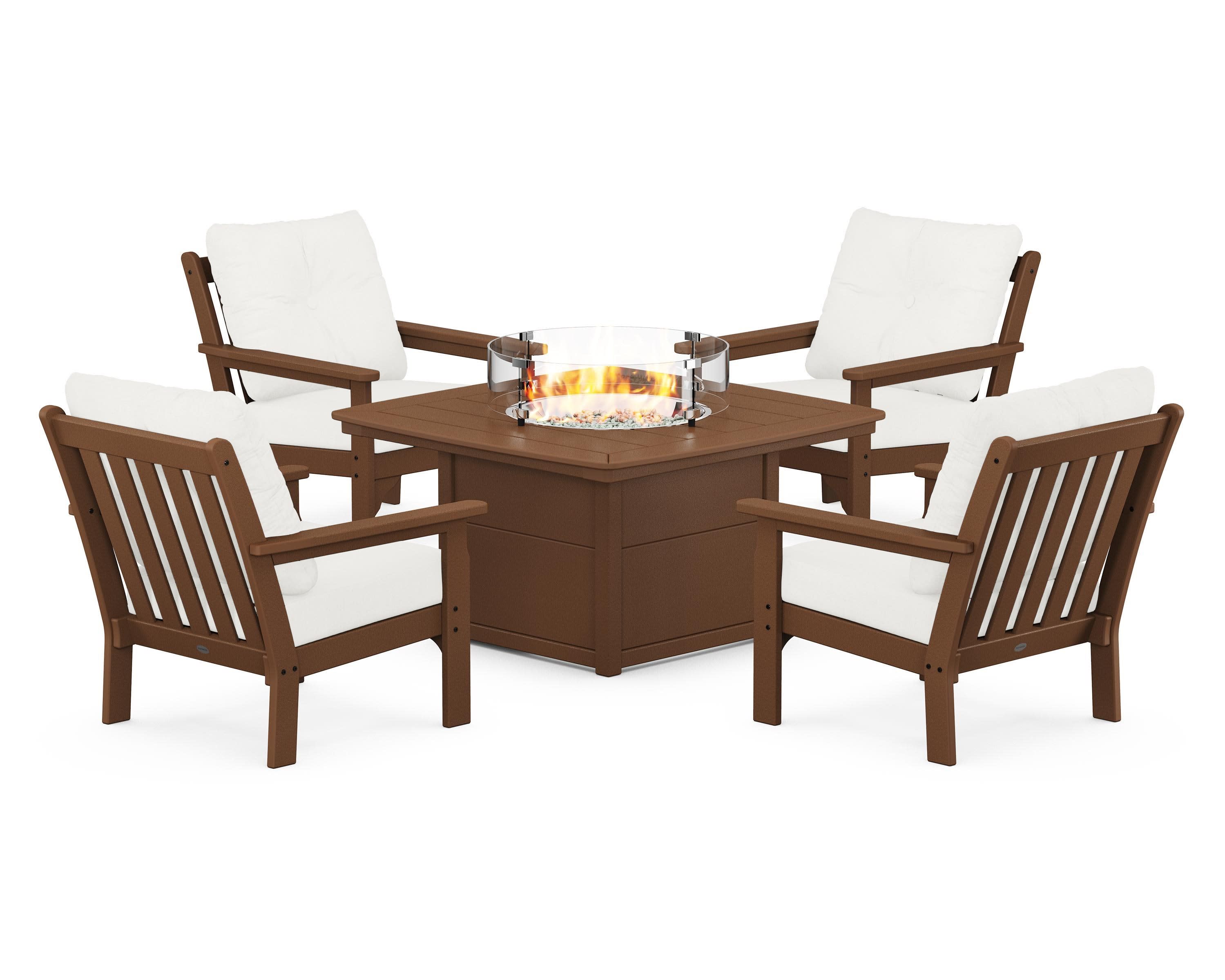 Vineyard 5-Piece Conversation Set with Fire Pit Table in Teak / Natural Linen