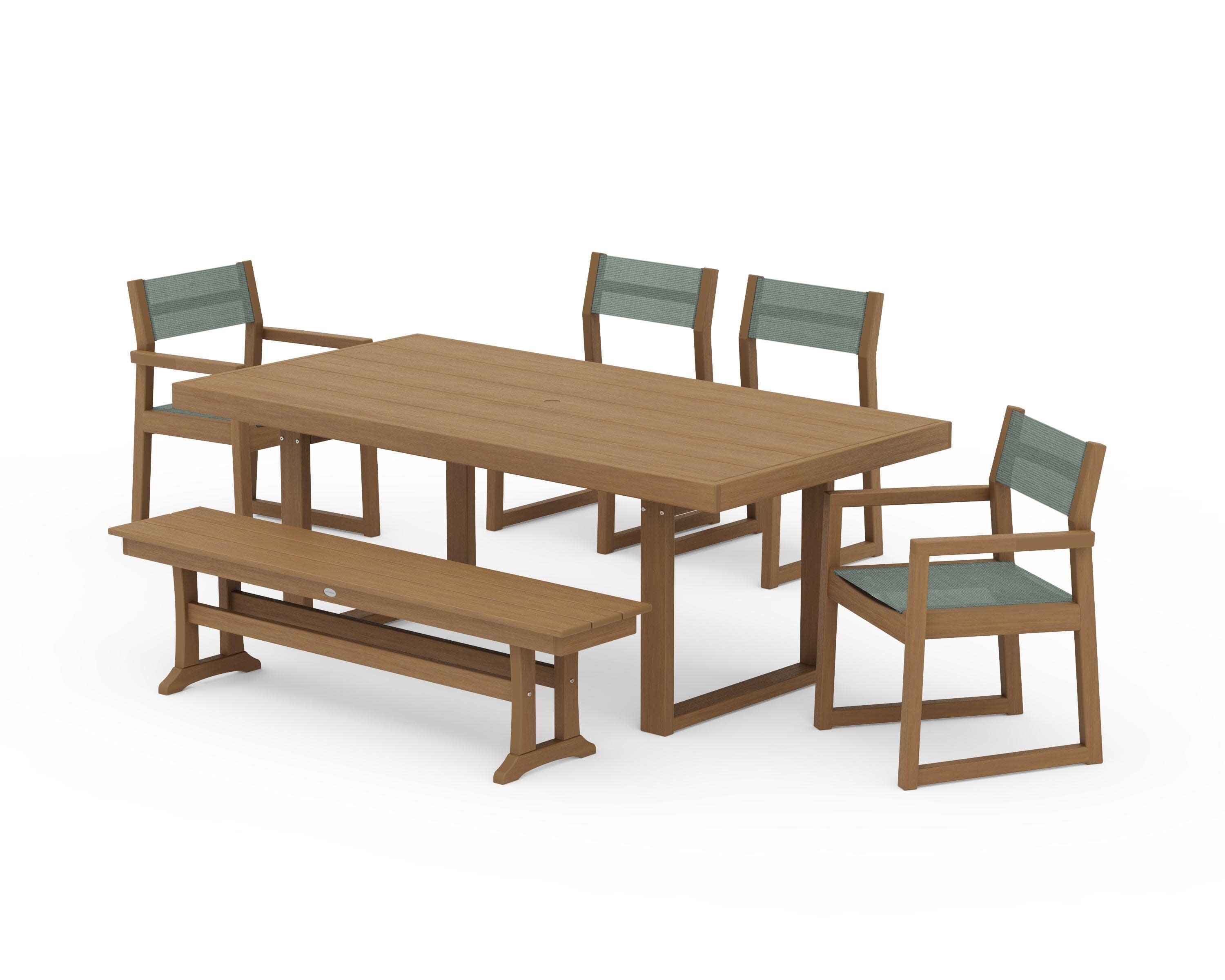 EDGE Sling 6-Piece Dining Set with Bench in Natural / Dupioni Sea Mist Sling