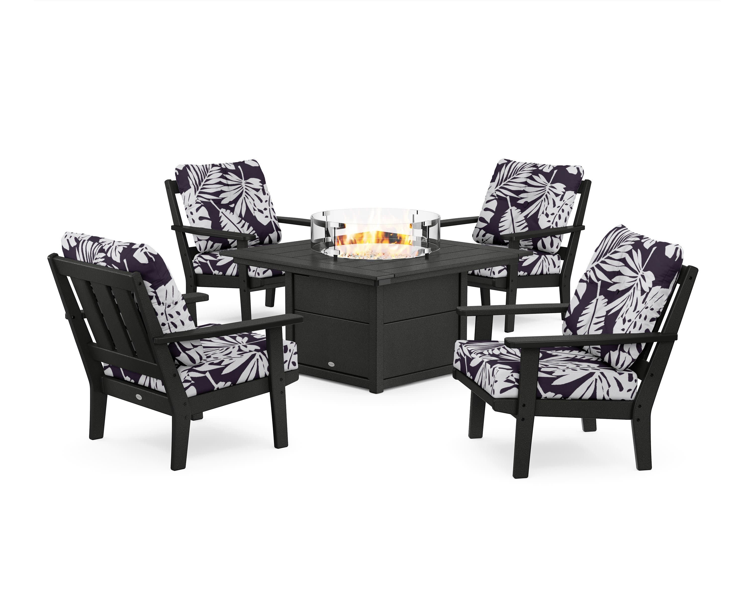 Oxford 5-Piece Deep Seating Set with Fire Pit Table in Black / Leaf Navy
