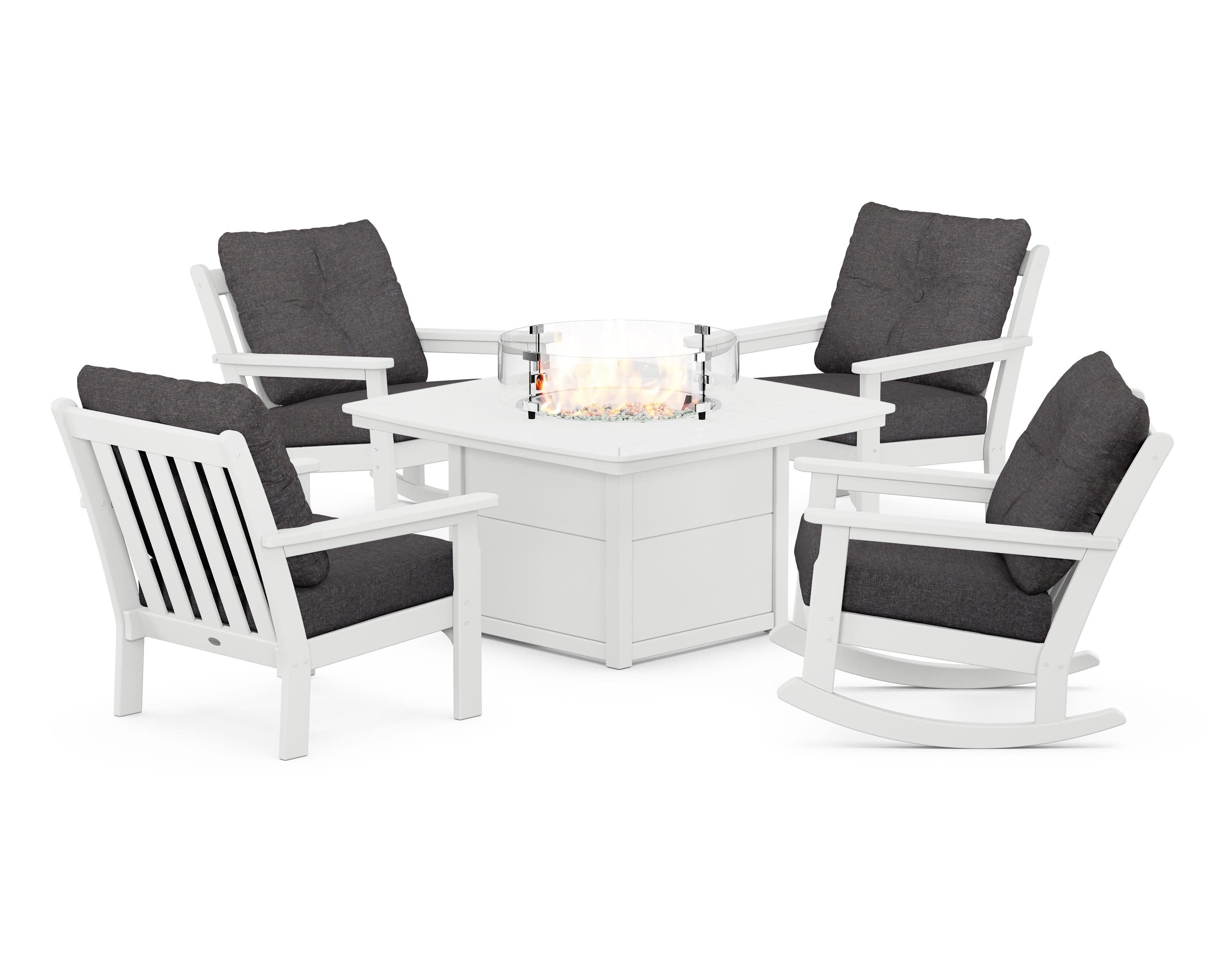 Vineyard 5-Piece Deep Seating Rocking Chair Conversation Set with Fire Pit Table in White / Ash Charcoal