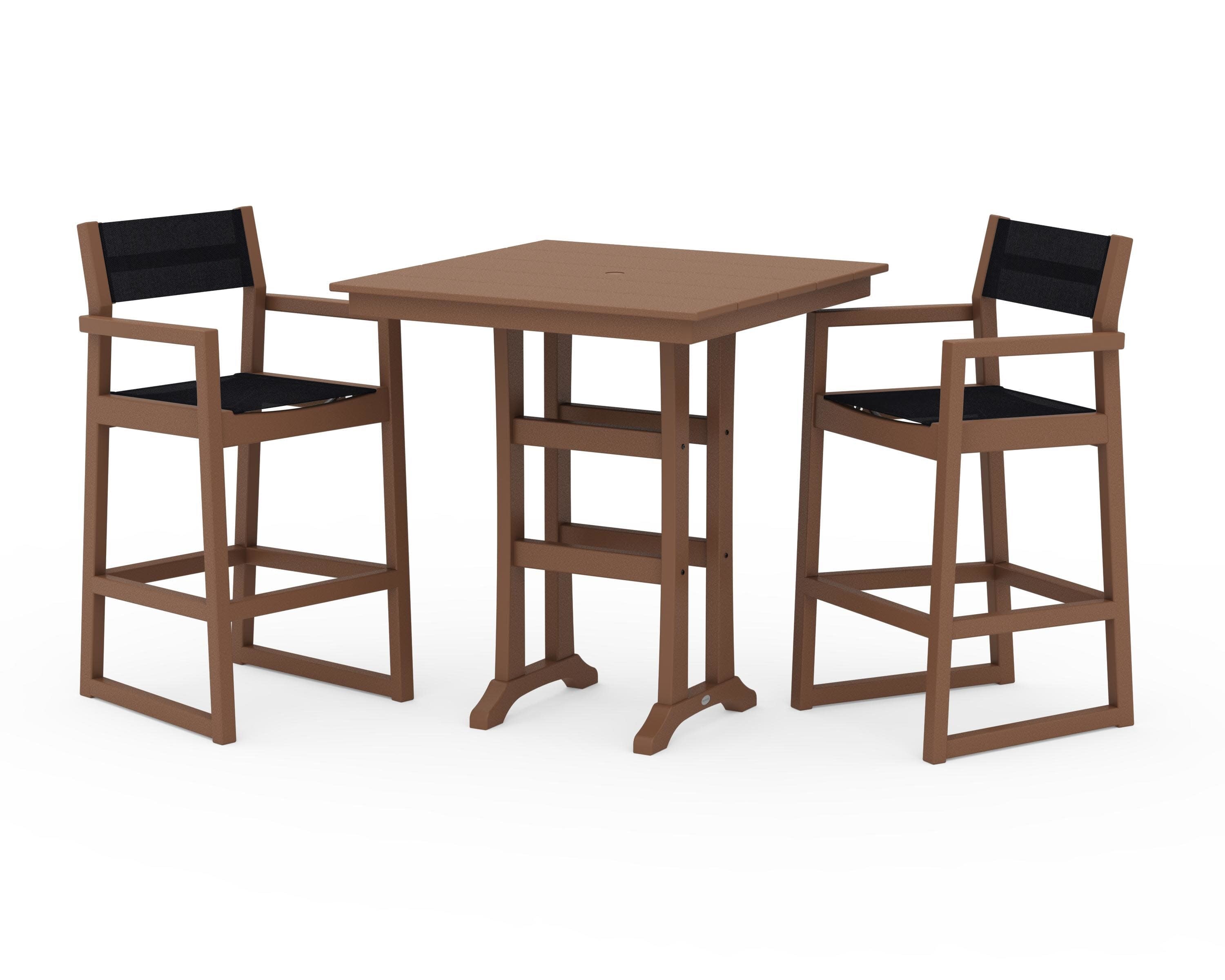 EDGE Sling Arm Chair 3-Piece Farmhouse Bar Set with Trestle Legs in Teak / Black Sling