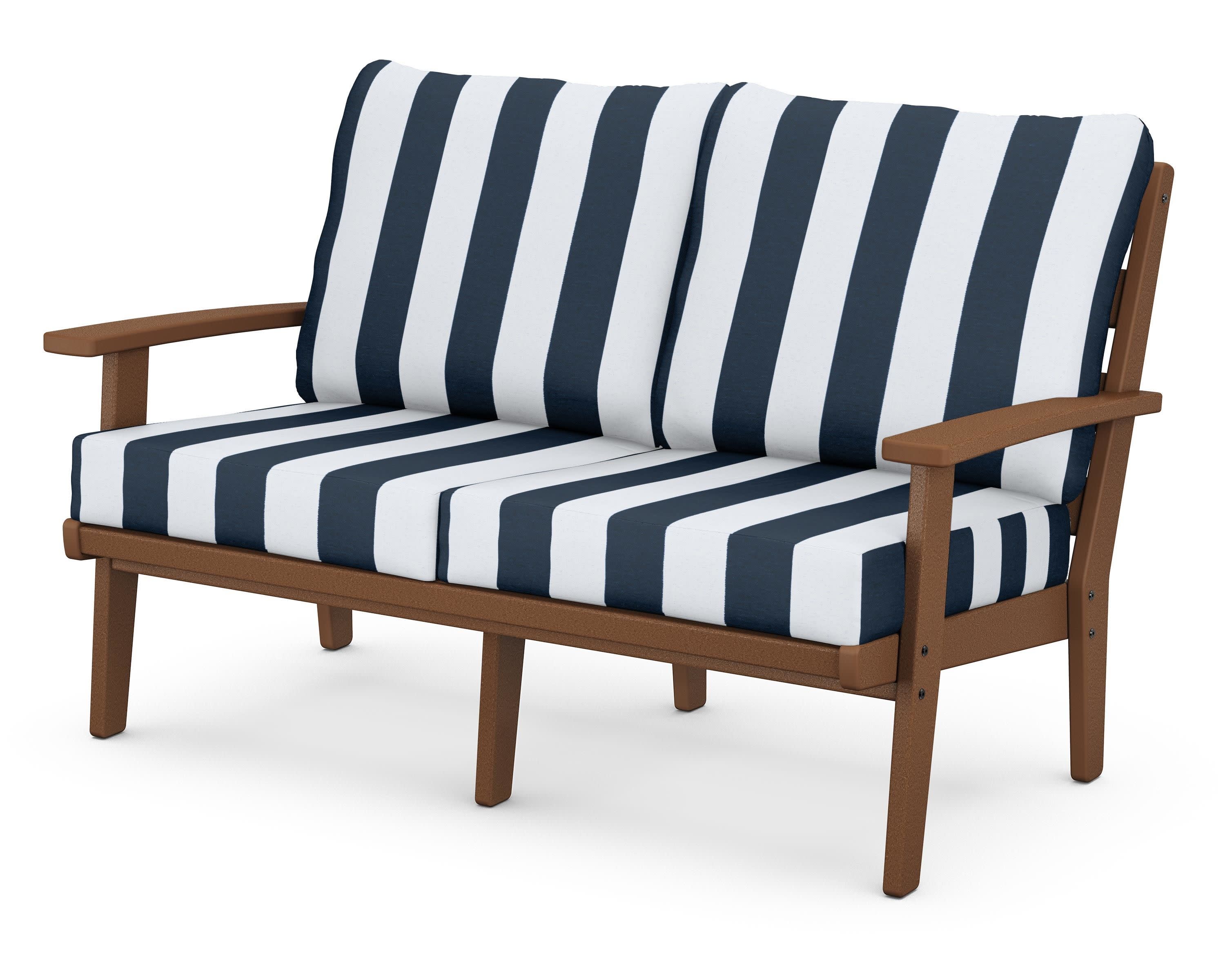 Grant Park Deep Seating Loveseat in Teak / Cabana Stripe Marine Indigo