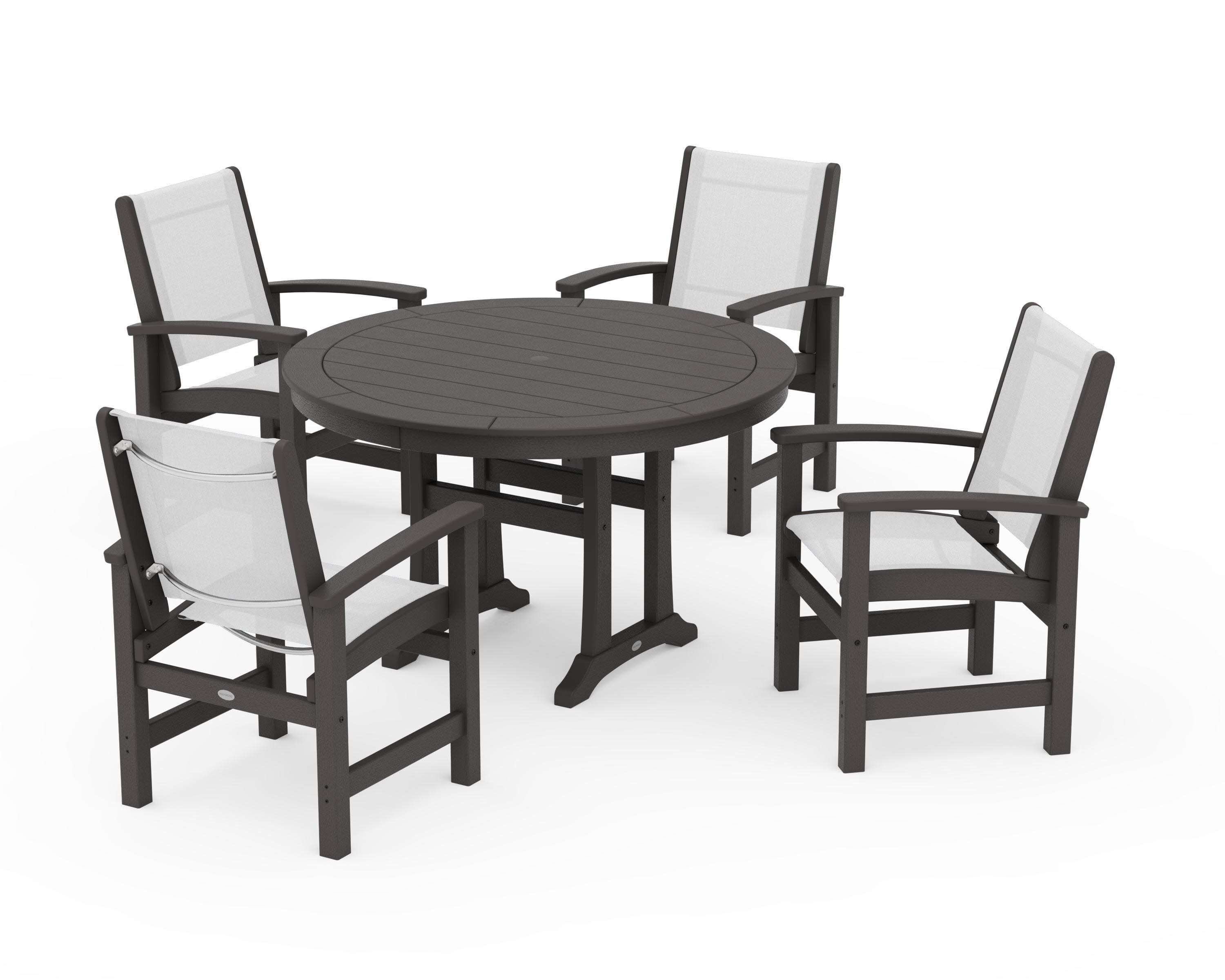 Coastal 5-Piece Round Dining Set with Trestle Legs in Vintage Coffee / White Sling