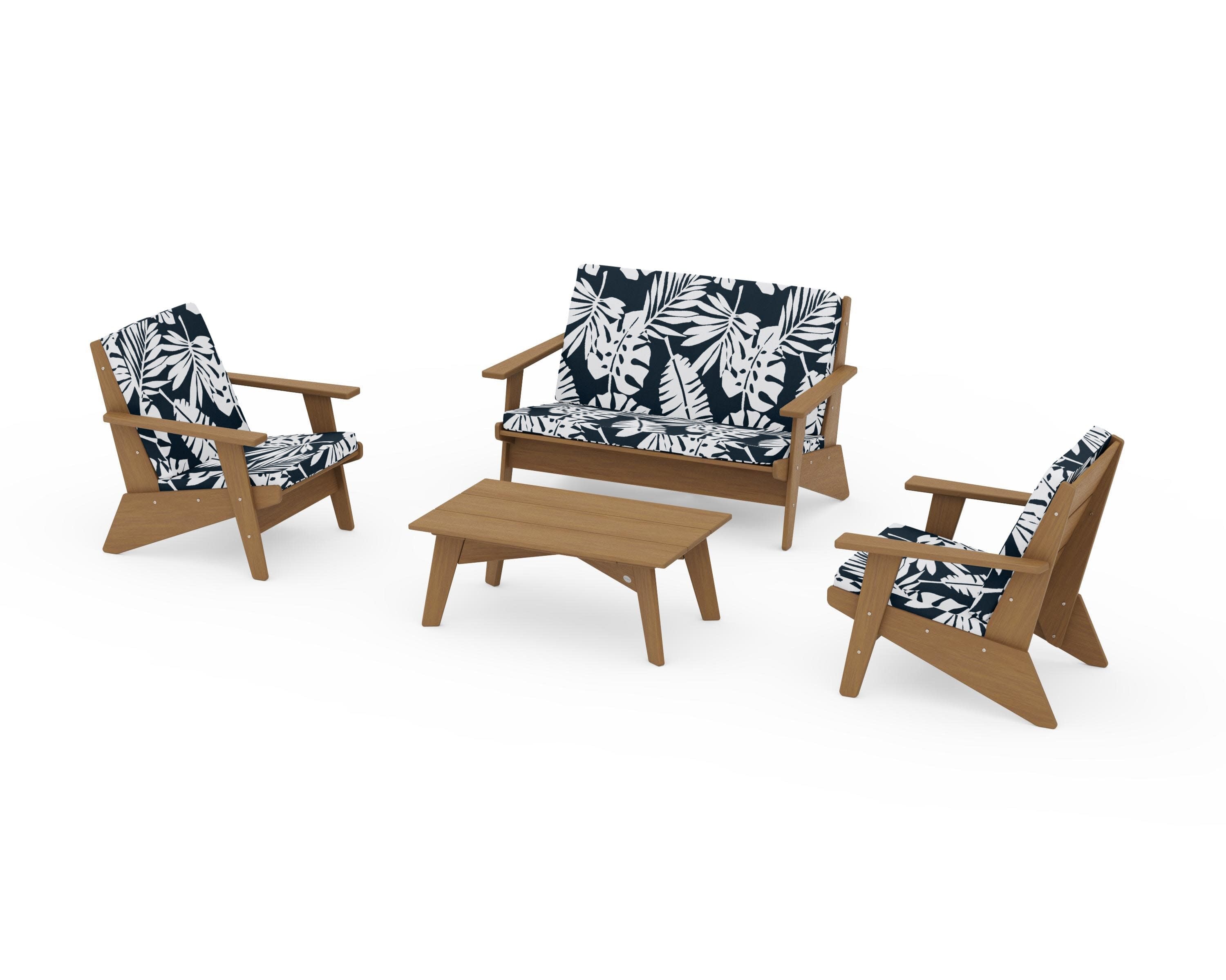 Riviera Modern Lounge 4-Piece Set in Natural / Leaf Marine Indigo