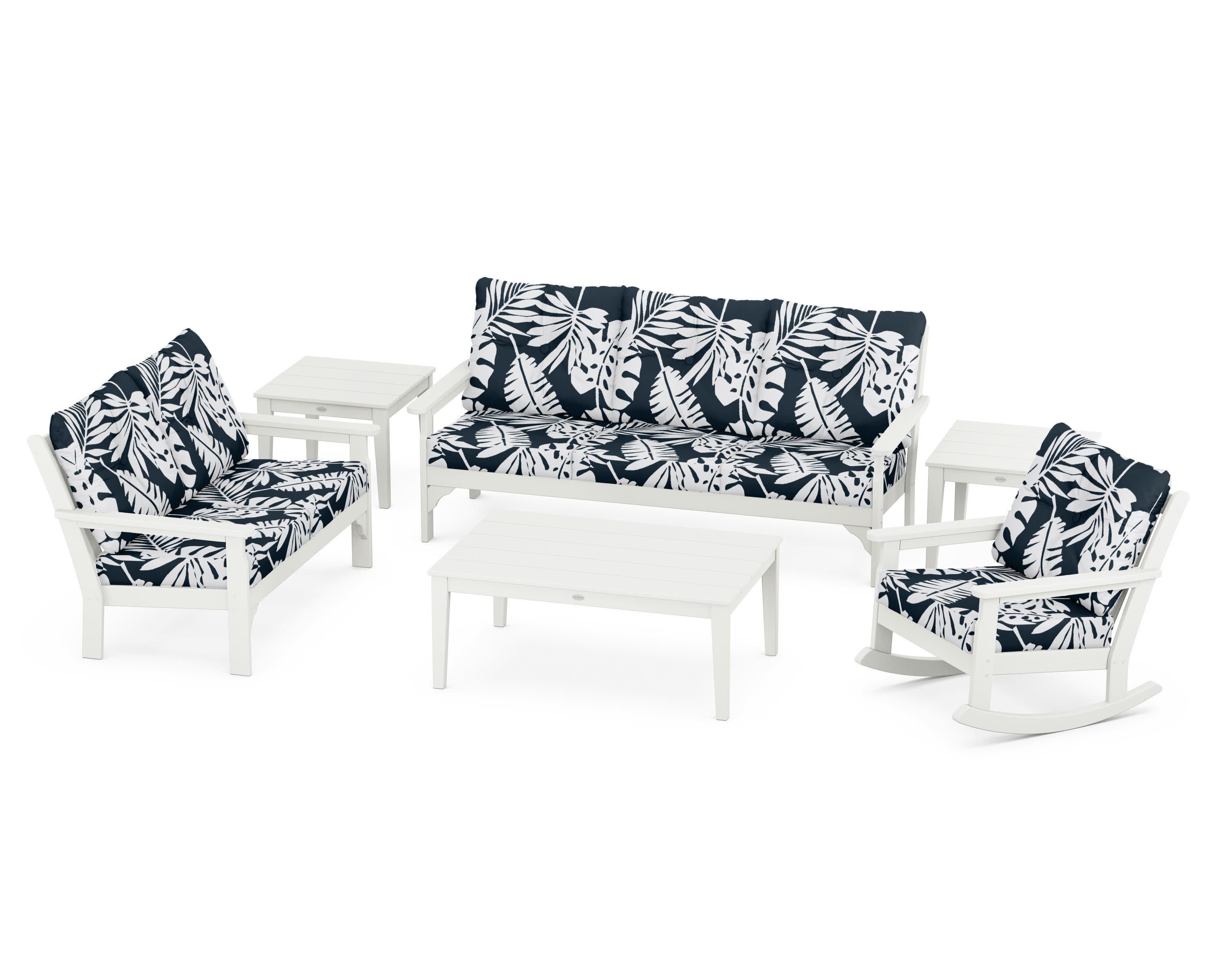 Vineyard 6-Piece Deep Seating Set in Vintage White / Leaf Marine Indigo