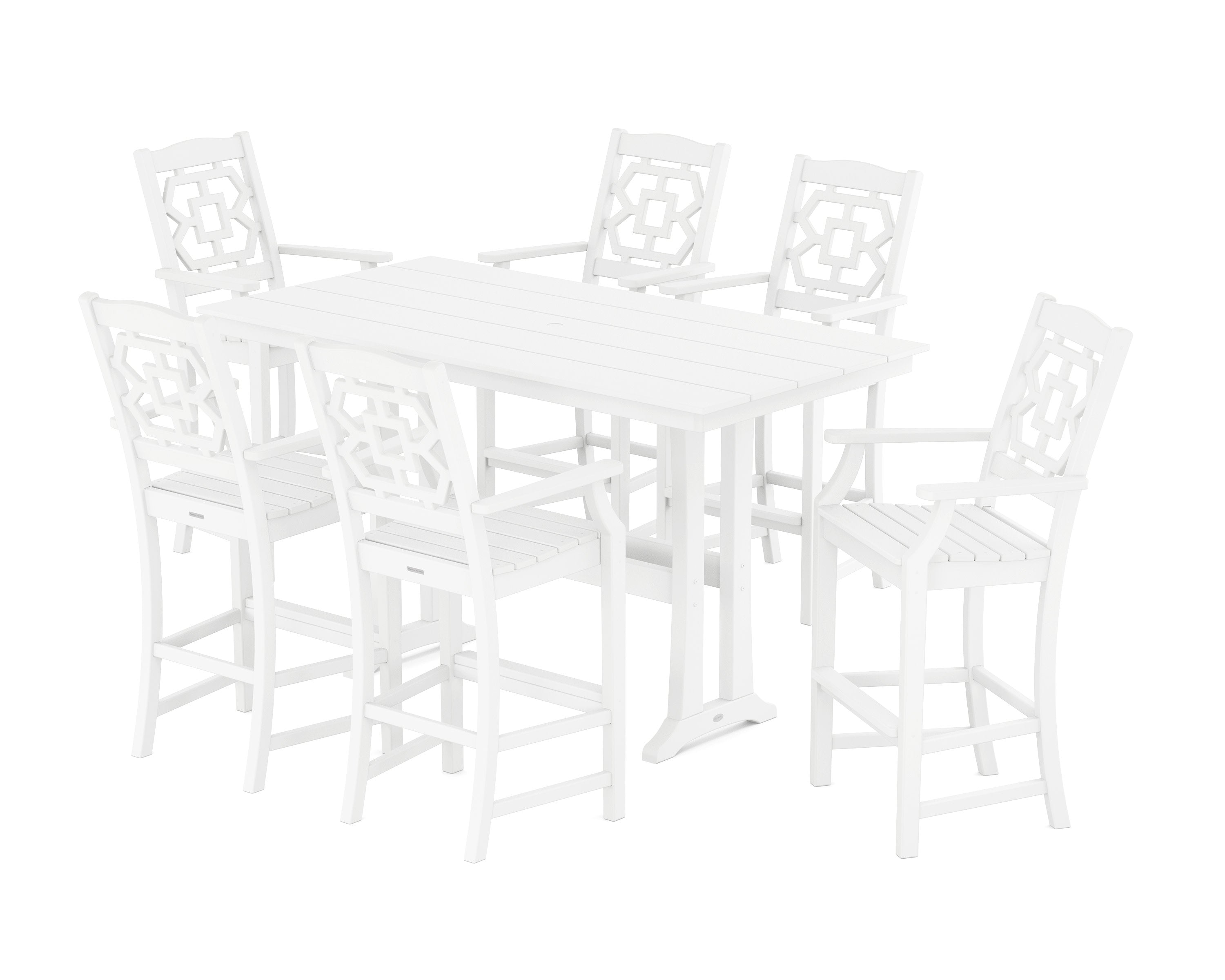 Chinoiserie Arm Chair 7-Piece Farmhouse Bar Set with Trestle Legs in White