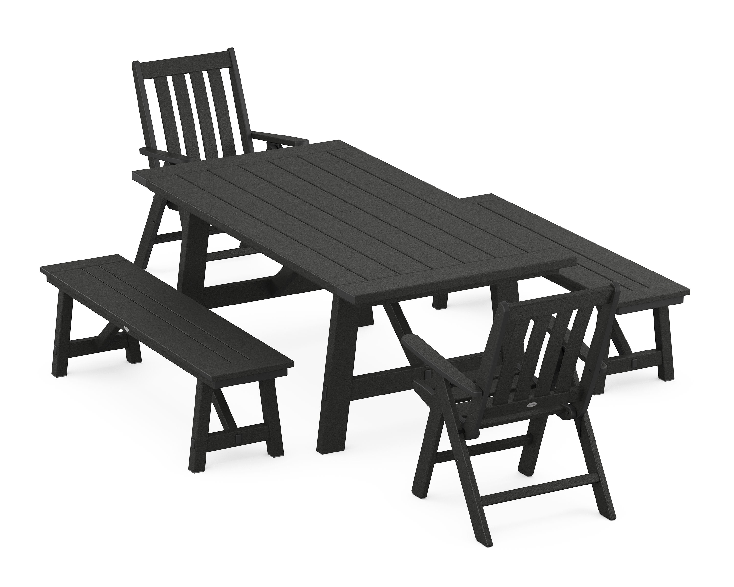 Vineyard Folding Chair 5-Piece Rustic Farmhouse Dining Set With Benches in Black