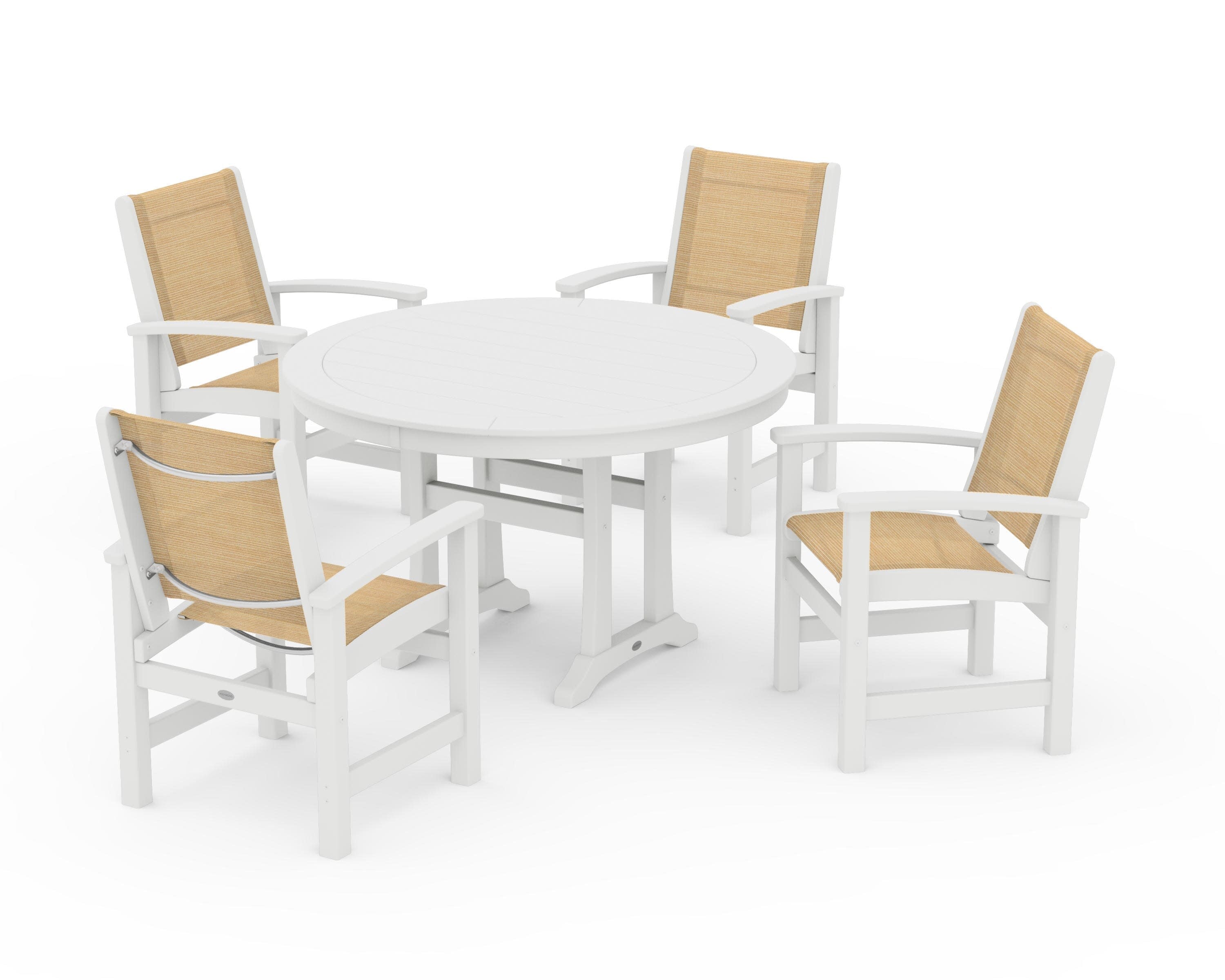 Coastal 5-Piece Round Dining Set with Trestle Legs in White / Dupioni Apricot Sling