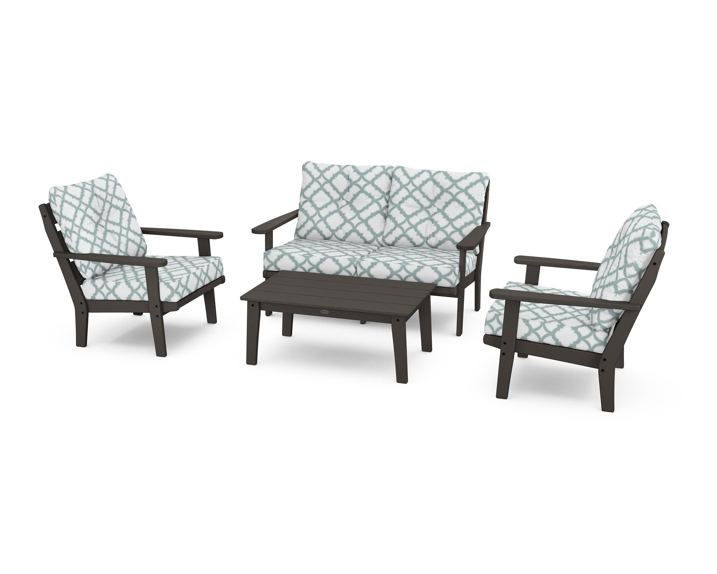 Lakeside 4-Piece Deep Seating Set in Vintage Coffee / Trellis Glacier Spa