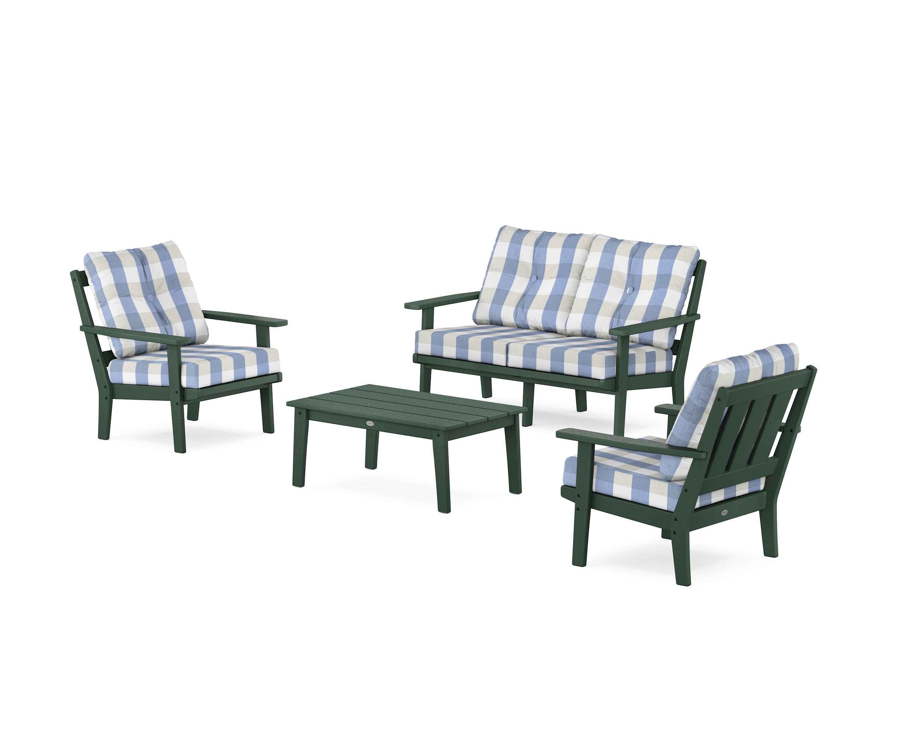 Oxford 4-Piece Deep Seating Set with Loveseat in Green / Buffalo Plaid Sky Blue