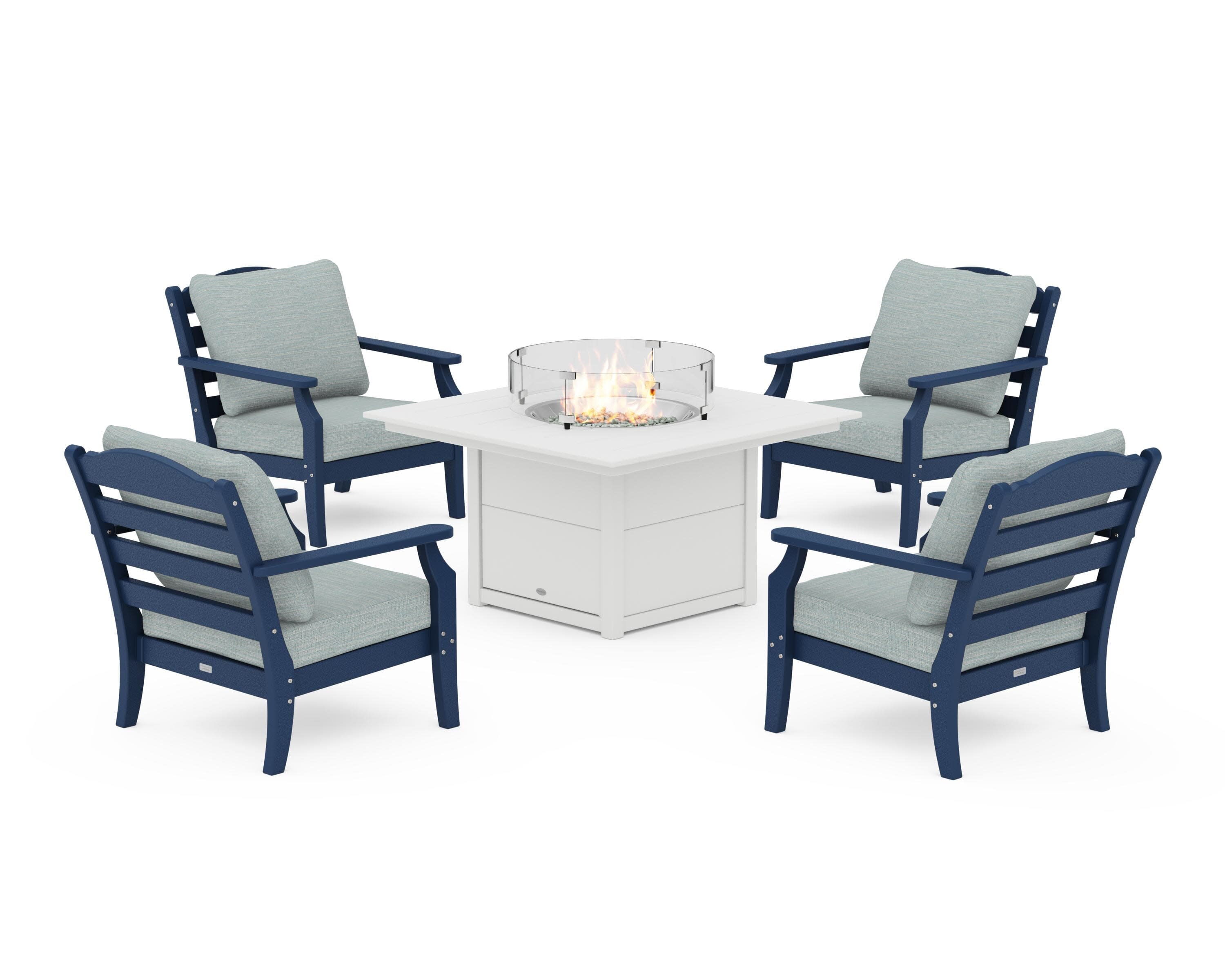 Savannah 5-Piece Deep Seating Set with Fire Pit Table in Navy / Soothe Mist