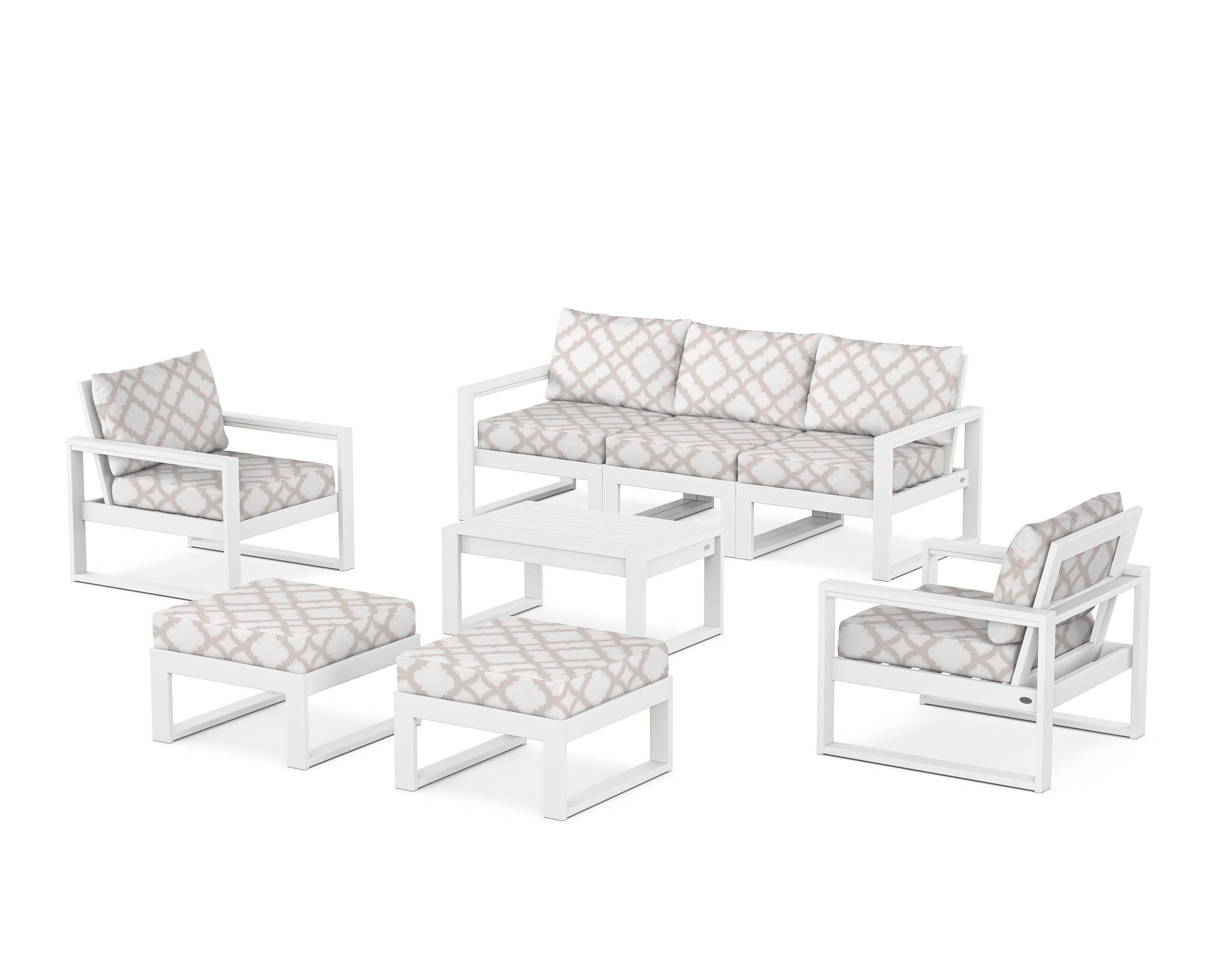 EDGE Sectional 8-Piece Lounge Sofa Set in White / Trellis Dune Burlap