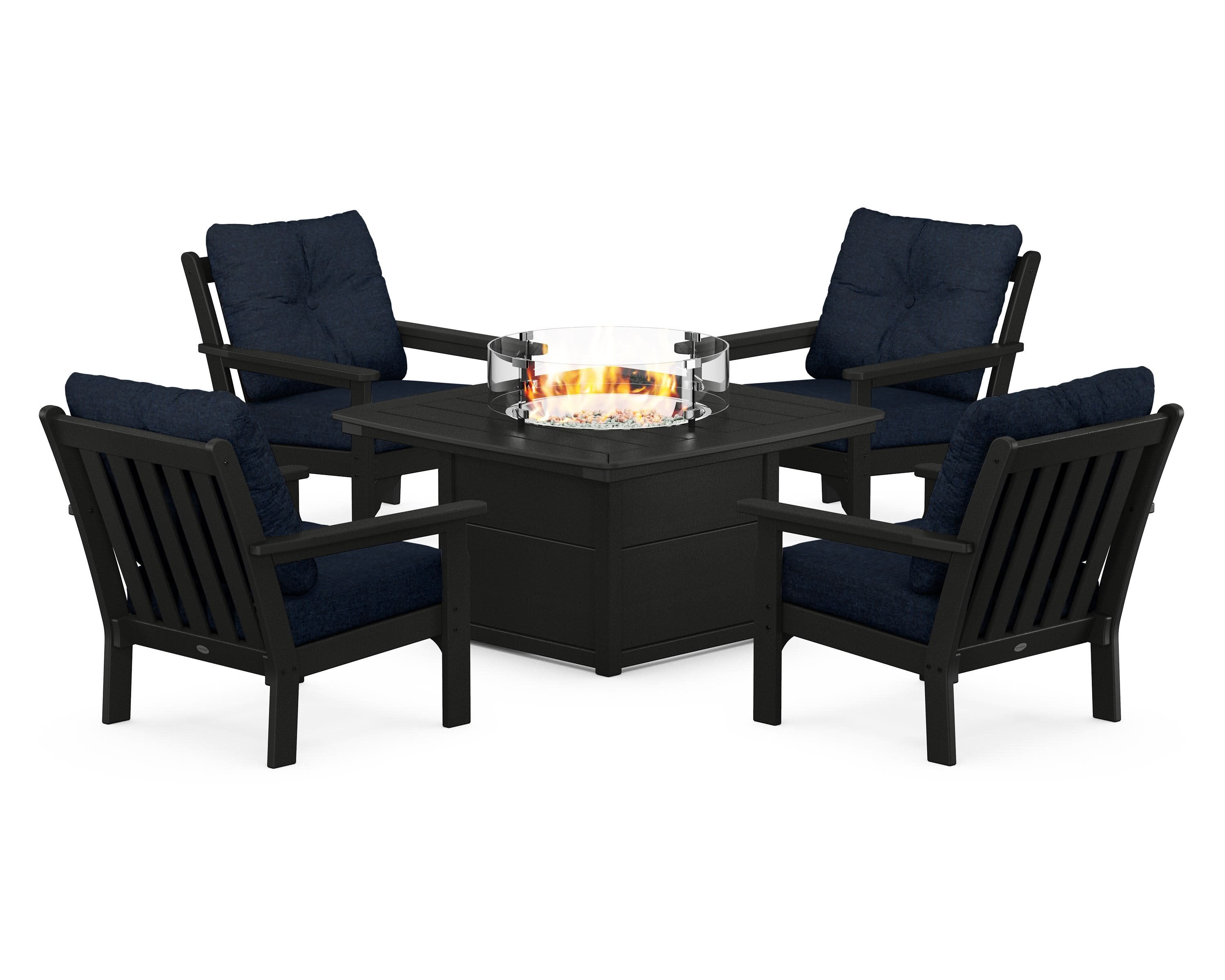 Vineyard 5-Piece Conversation Set with Fire Pit Table in Black / Marine Indigo