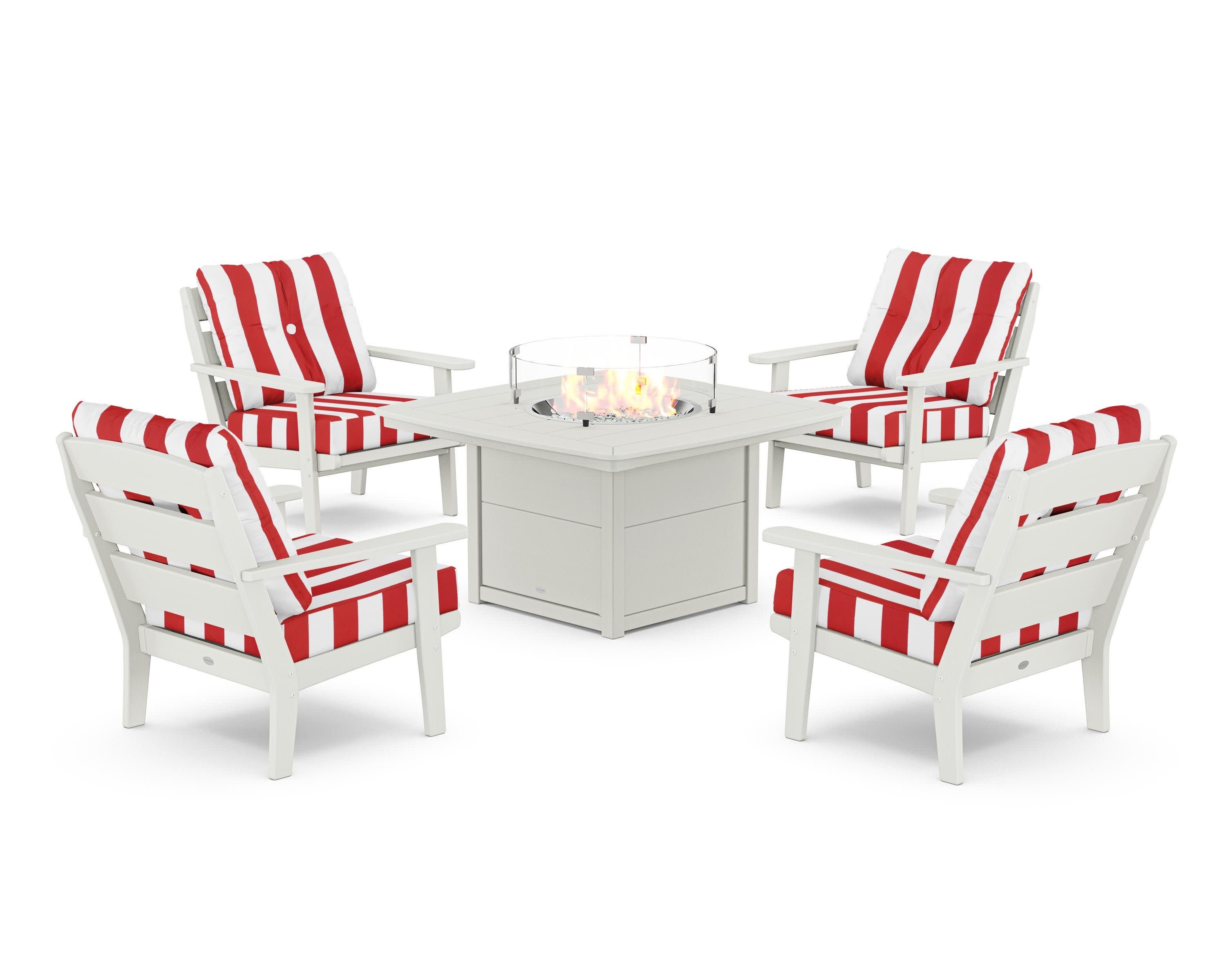 Lakeside 5-Piece Deep Seating Set with Nautical Fire Pit Table in Vintage White / Cabana Stripe Crimson