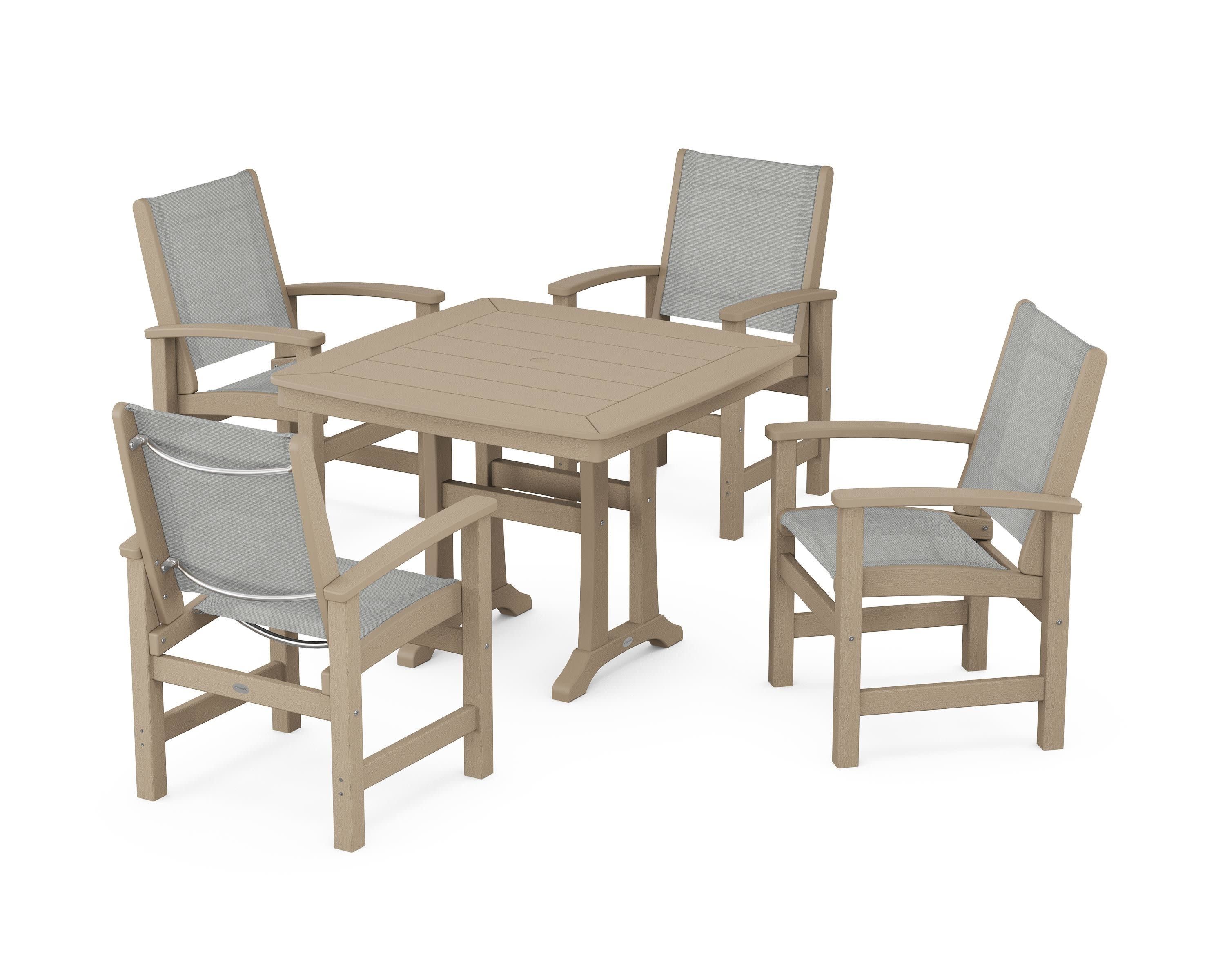 Coastal 5-Piece Dining Set with Trestle Legs in Vintage Sahara / Metallic Sling