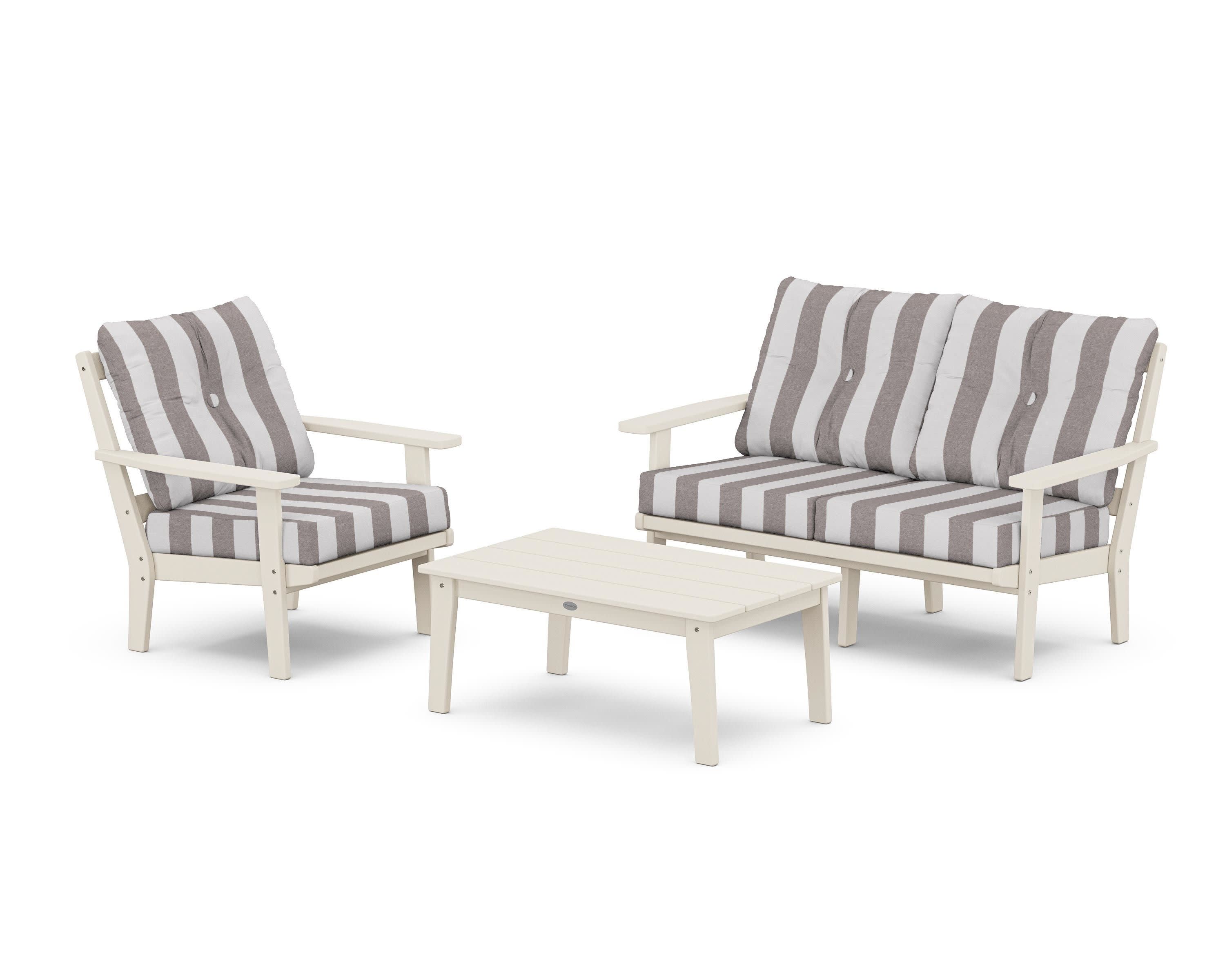 Oxford 3-Piece Deep Seating Set with Loveseat in Sand / Cabana Stripe Grey Mist
