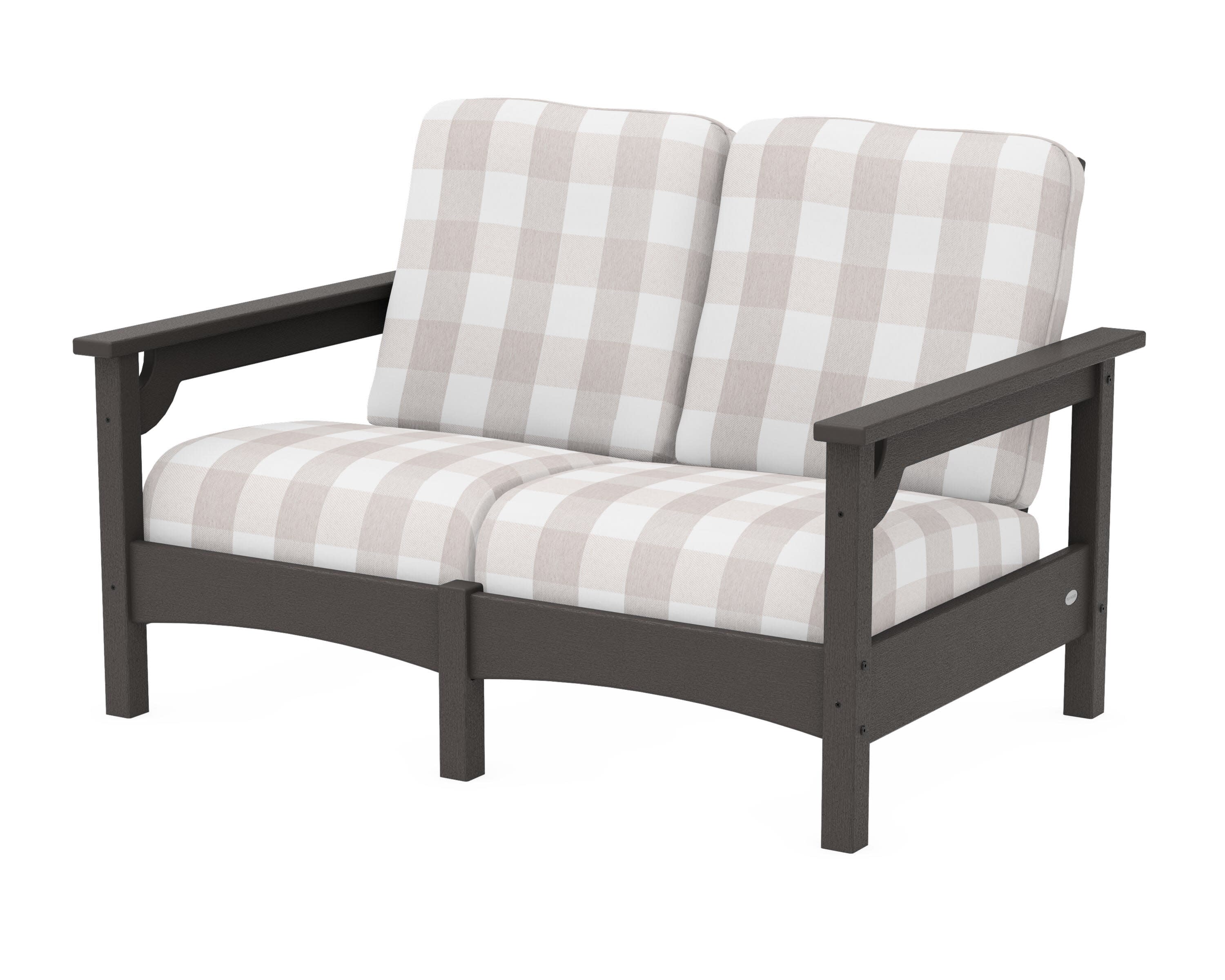 Club Loveseat in Vintage Coffee / Buffalo Plaid Dune Burlap