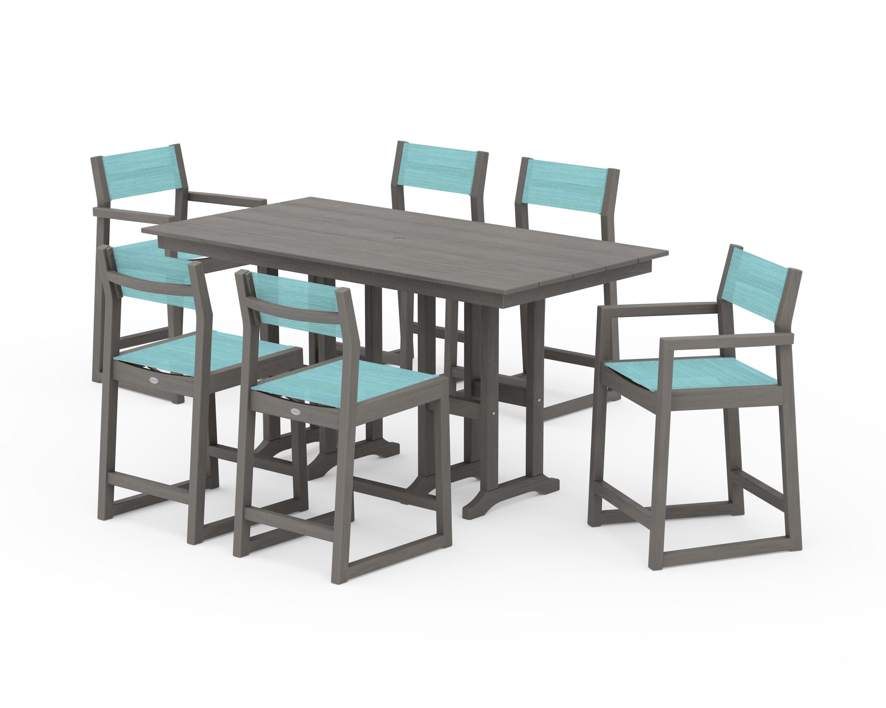EDGE Sling 7-Piece Farmhouse Counter Set in Driftwood / Dupioni Aquamarine Sling