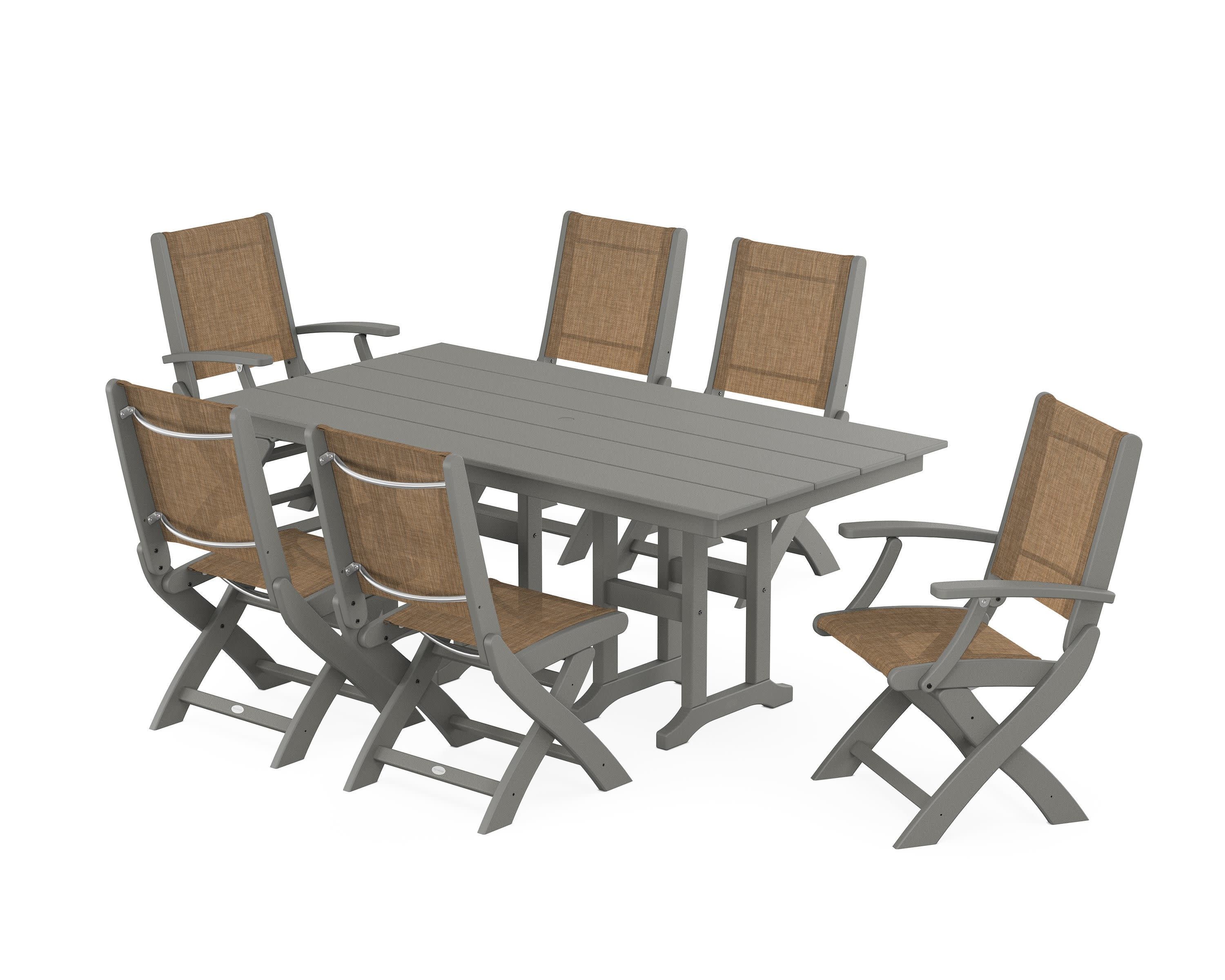 Coastal Folding Chair 7-Piece Farmhouse Dining Set in Slate Grey / Burlap Sling