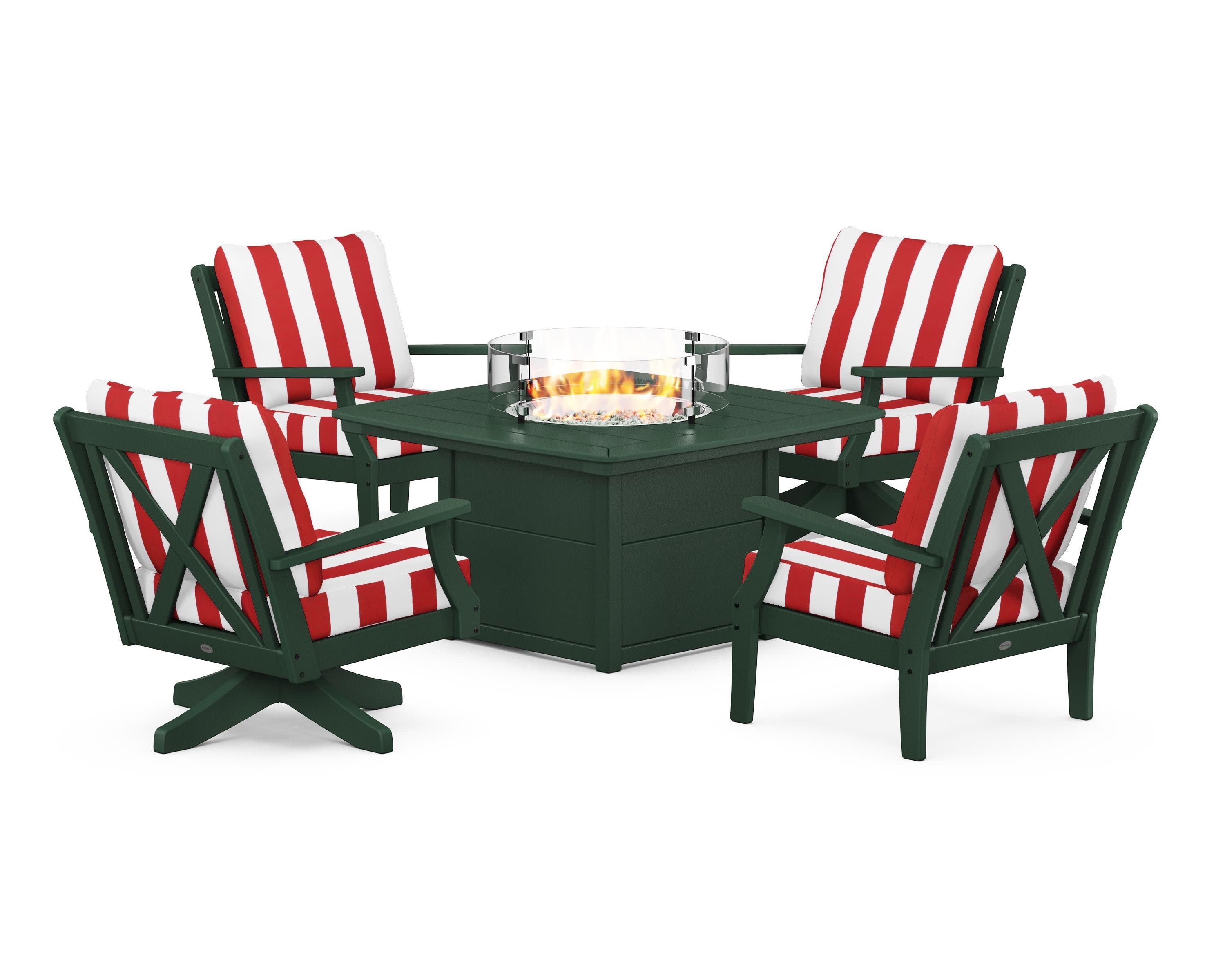 Braxton 5-Piece Deep Seating Set with Fire Table in Green / Cabana Stripe Crimson