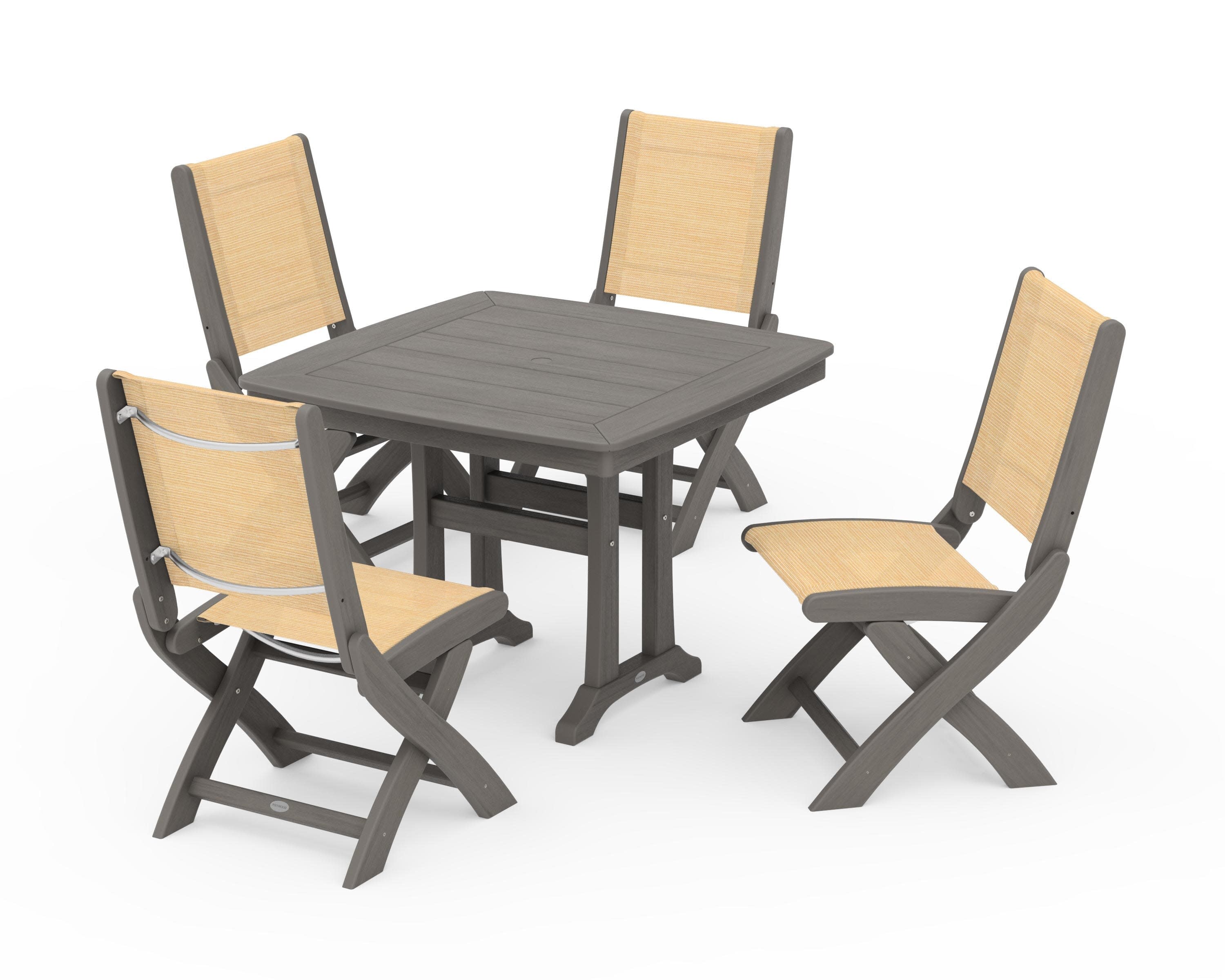 Coastal Folding Side Chair 5-Piece Dining Set with Trestle Legs in Driftwood / Dupioni Apricot Sling