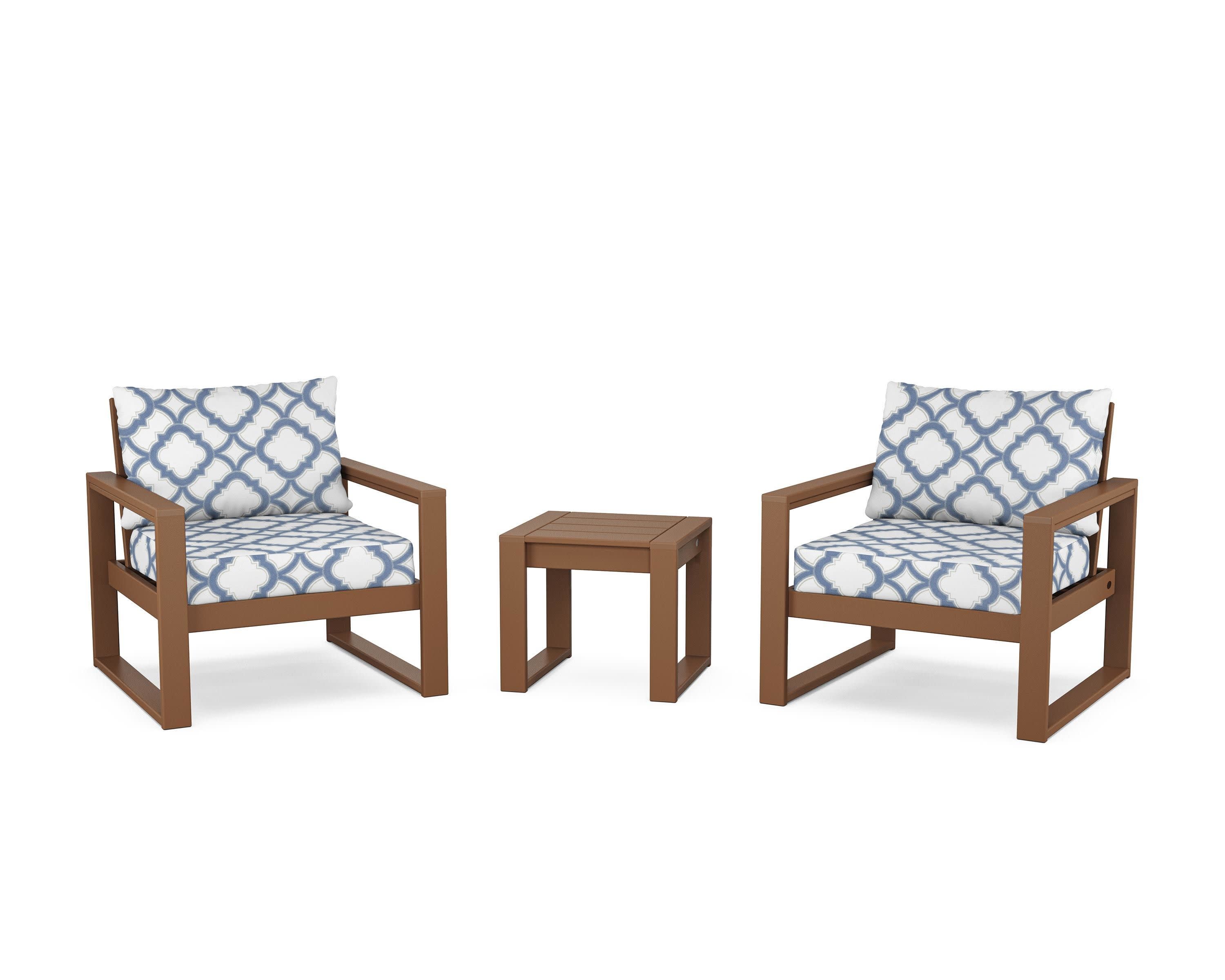 EDGE Sectional 3-Piece Deep Seating Set in Teak / Trellis Sky Blue