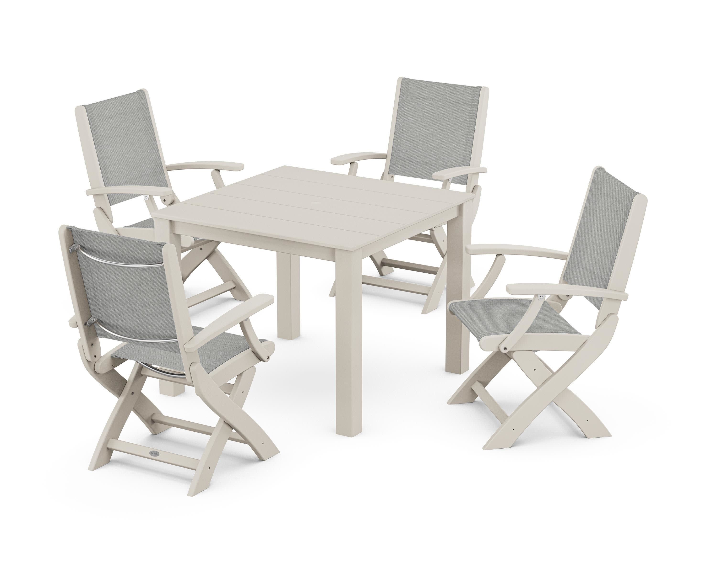 Coastal Folding Chair 5-Piece Parsons Dining Set in Sand / Metallic Sling