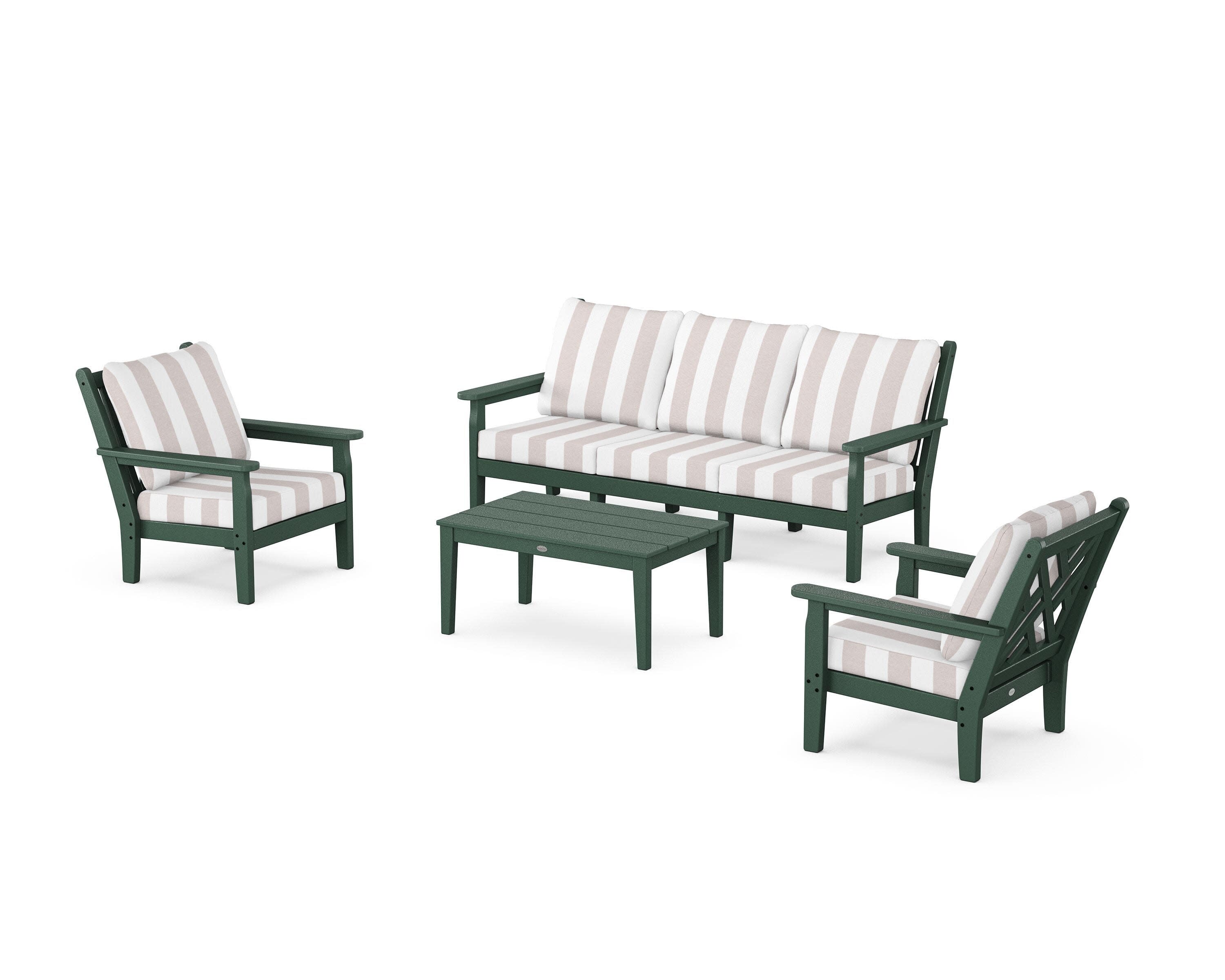Chippendale 4-Piece Deep Seating Set with Sofa in Green / Cabana Stripe Dune Burlap