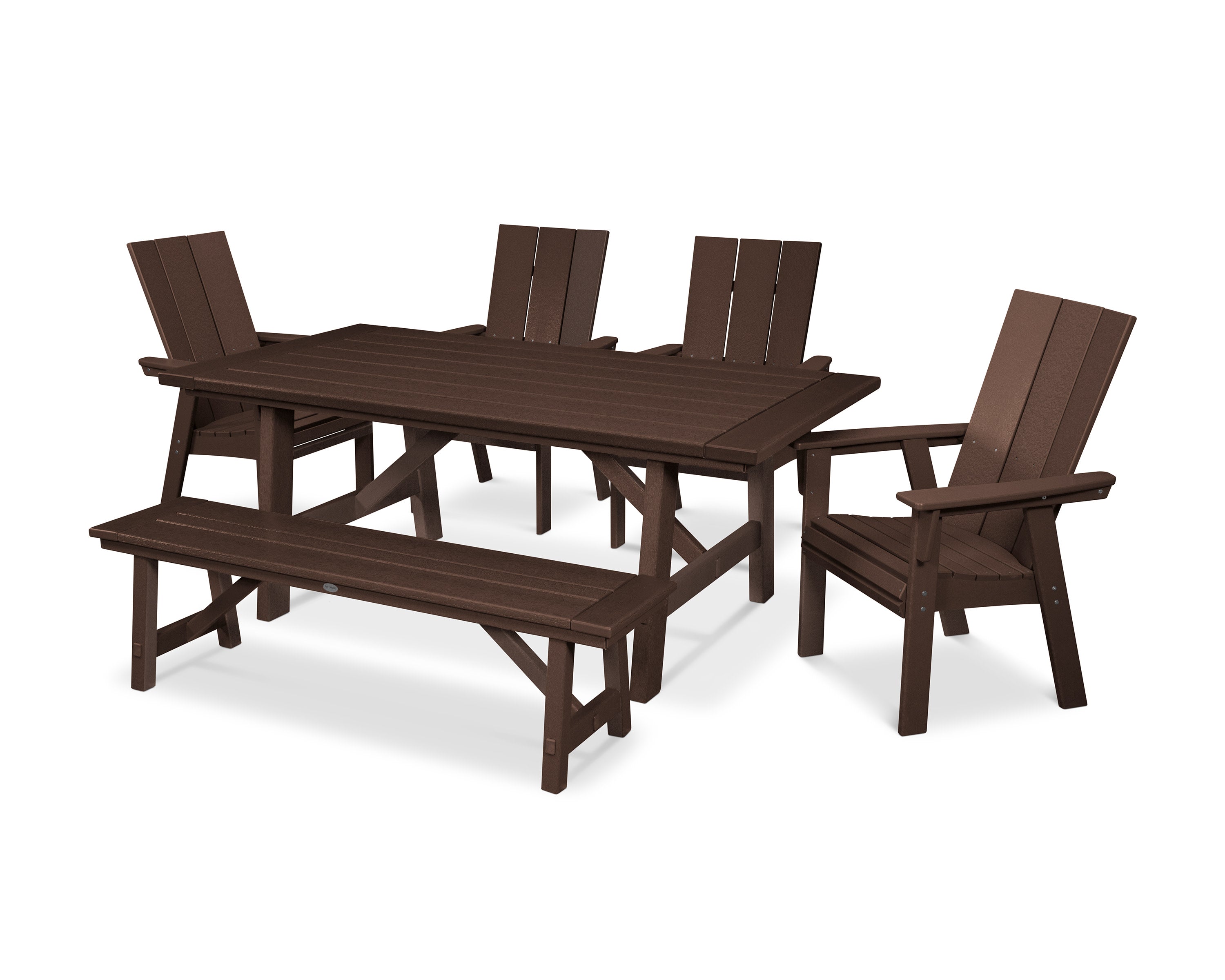 Modern Curveback Adirondack 6-Piece Rustic Farmhouse Dining Set with Bench in Mahogany