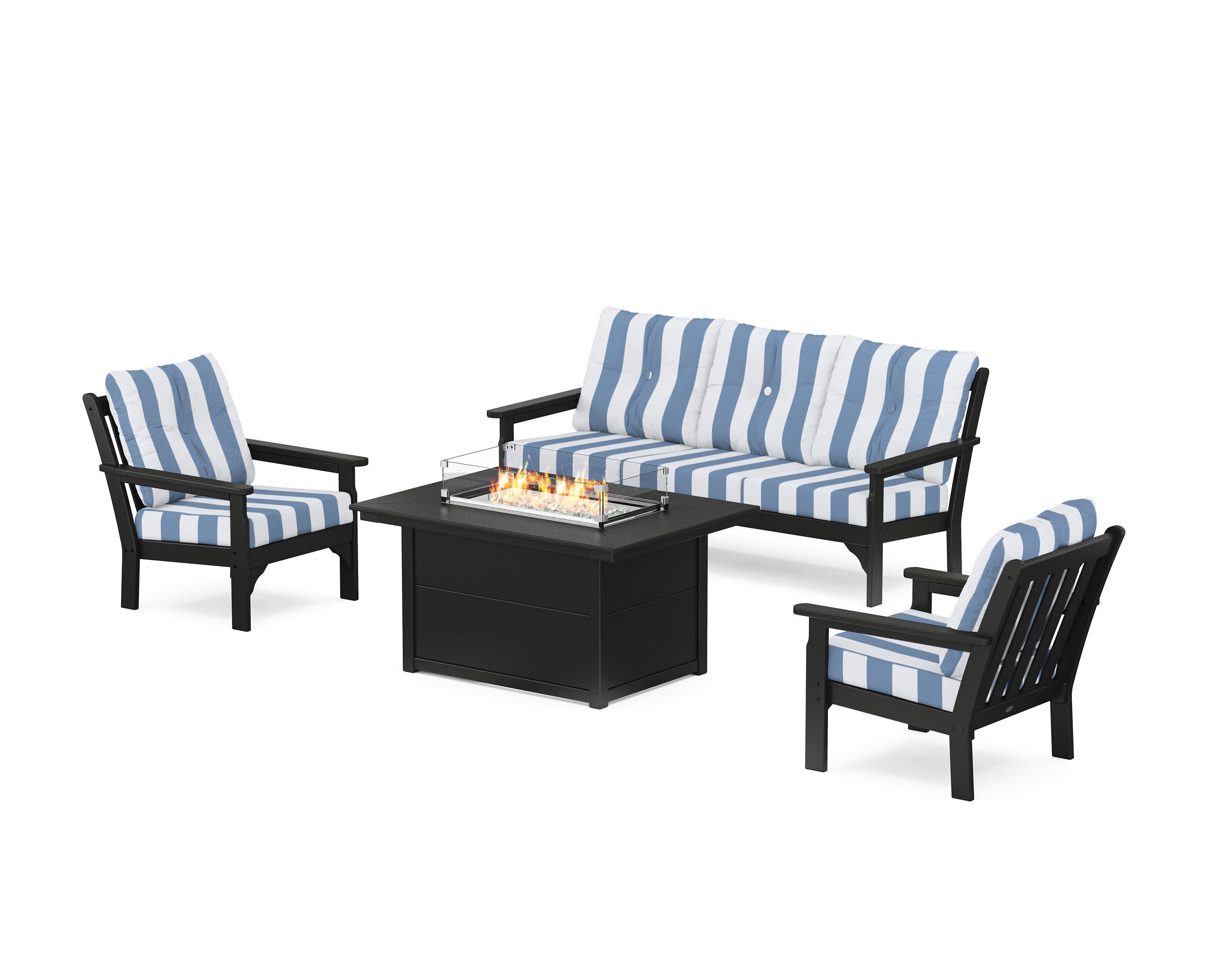 Vineyard Deep Seating Fire Pit Table Set in Black / Cabana Stripe Sky Blue