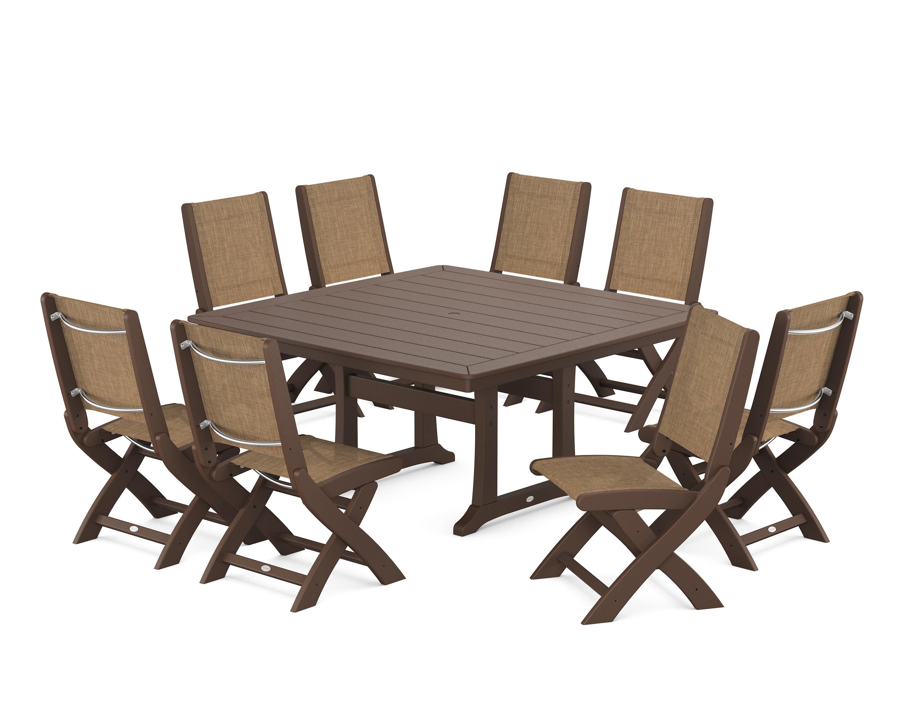 Coastal Folding Side Chair 9-Piece Dining Set with Trestle Legs in Mahogany / Burlap Sling