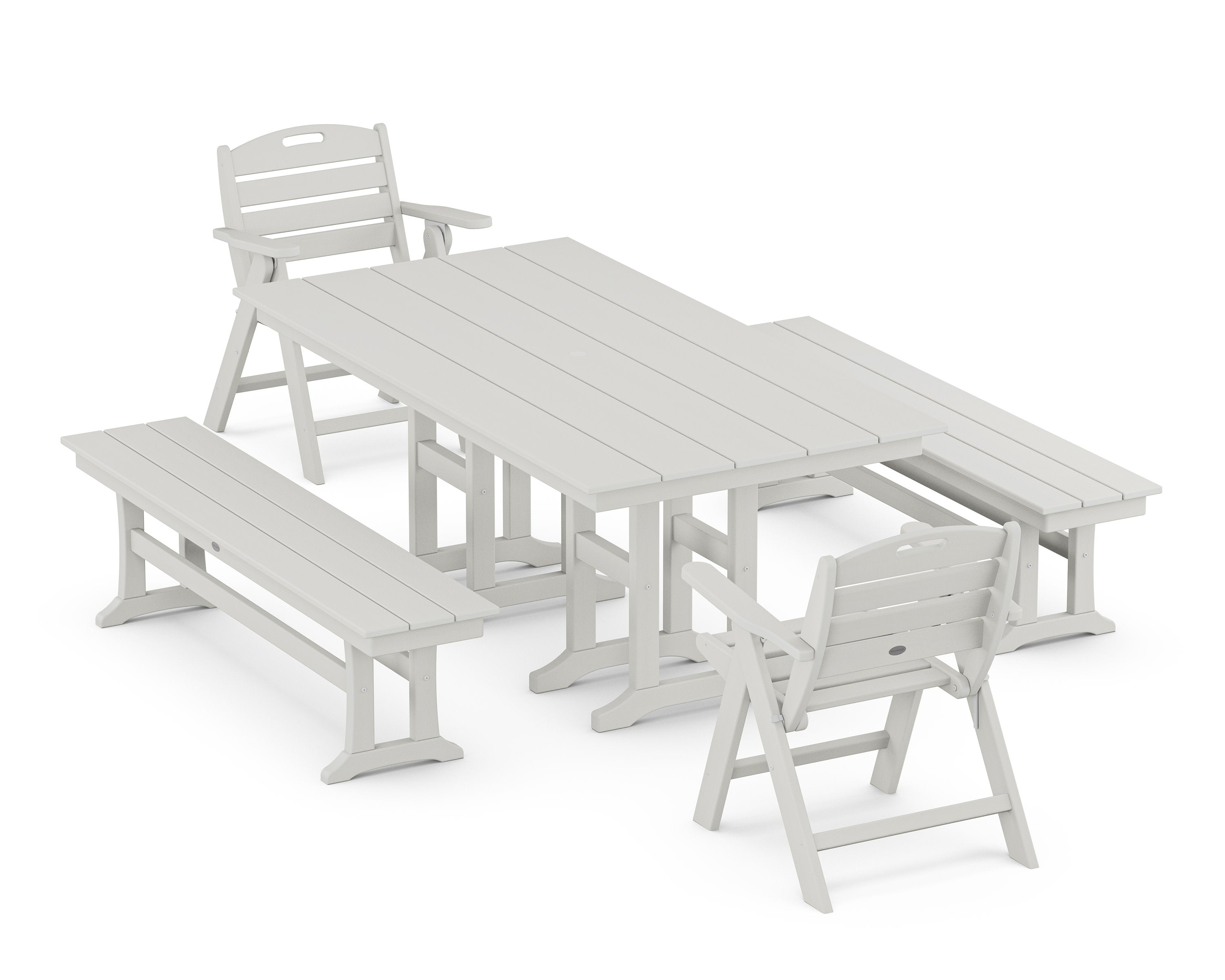 Nautical Lowback 5-Piece Farmhouse Dining Set with Benches in Vintage White