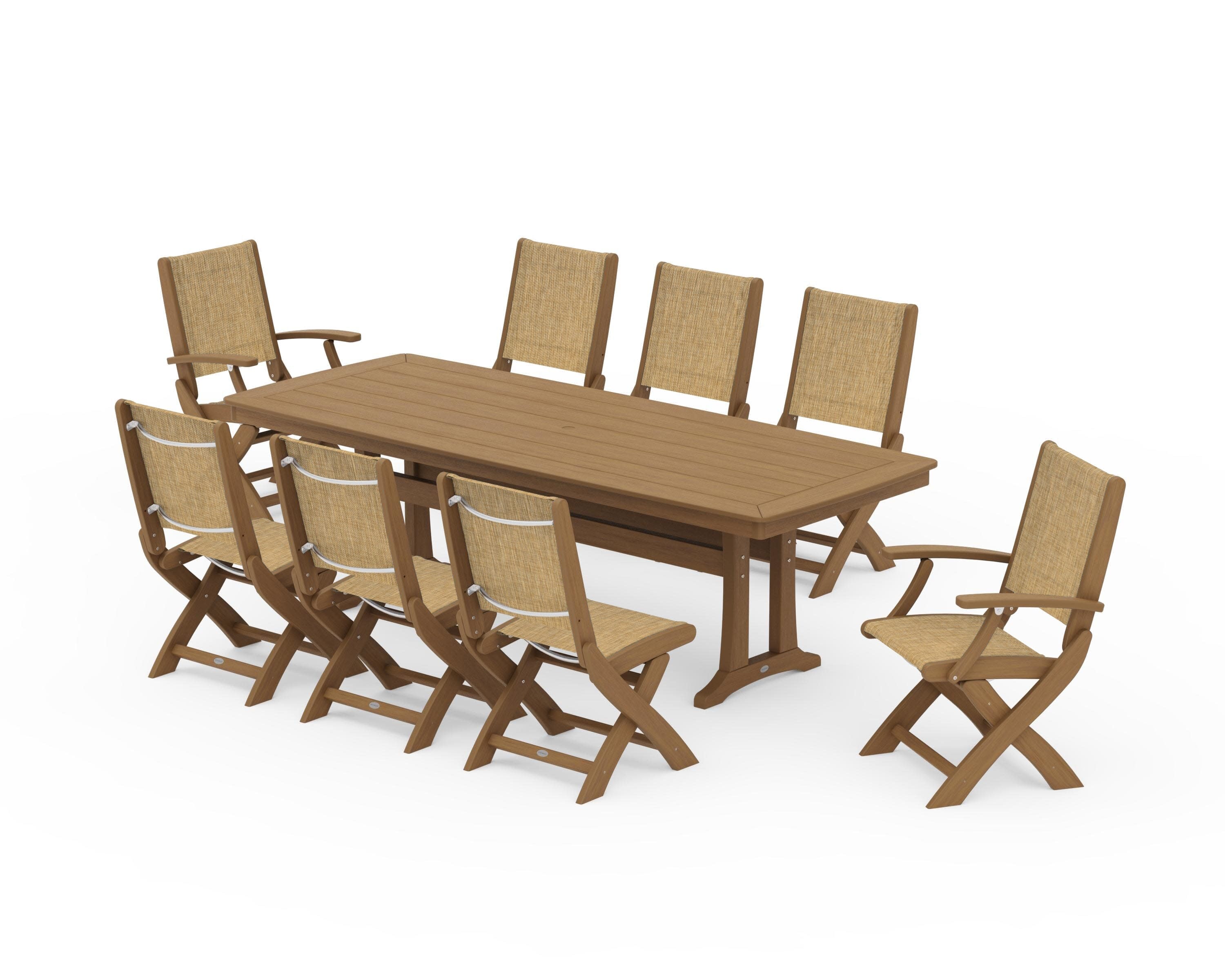Coastal Folding 9-Piece Dining Set with Trestle Legs in Natural / Burlap Sling