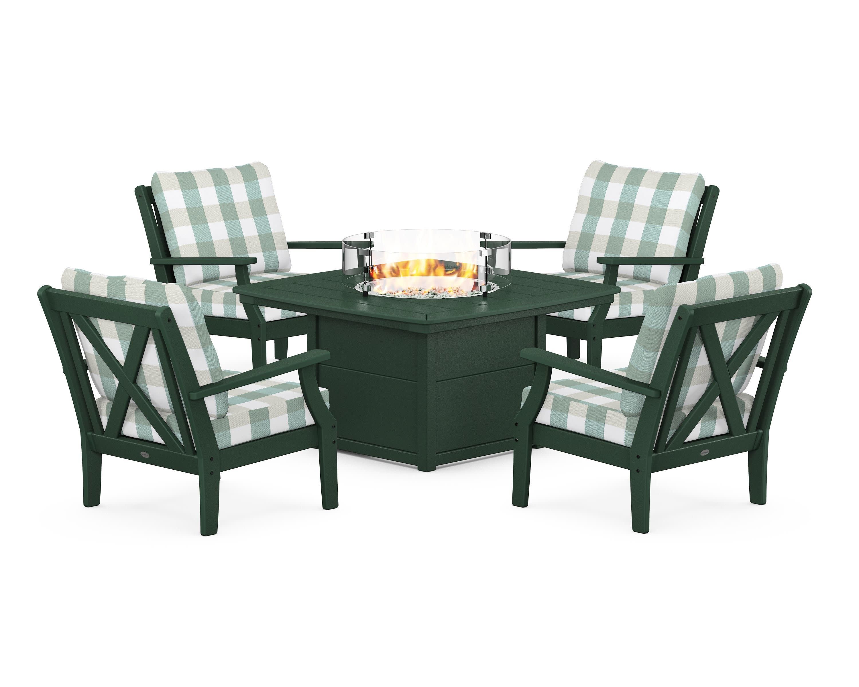 Braxton 5-Piece Deep Seating Conversation Set with Fire Pit Table in Green / Buffalo Plaid Glacier Spa