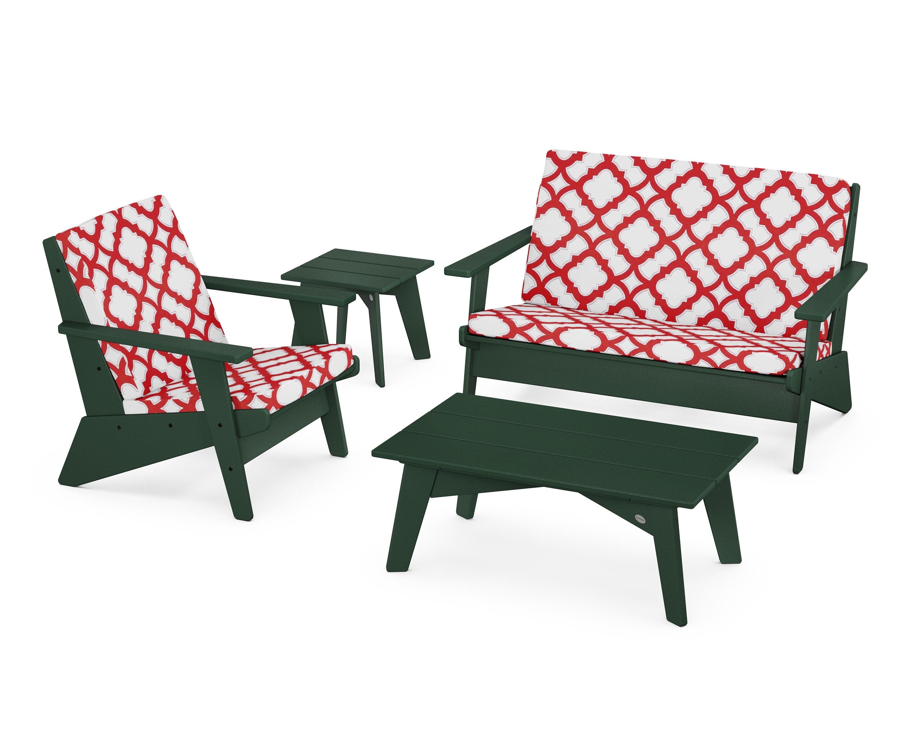 Riviera Modern Lounge 4-Piece Set in Green / Trellis Crimson